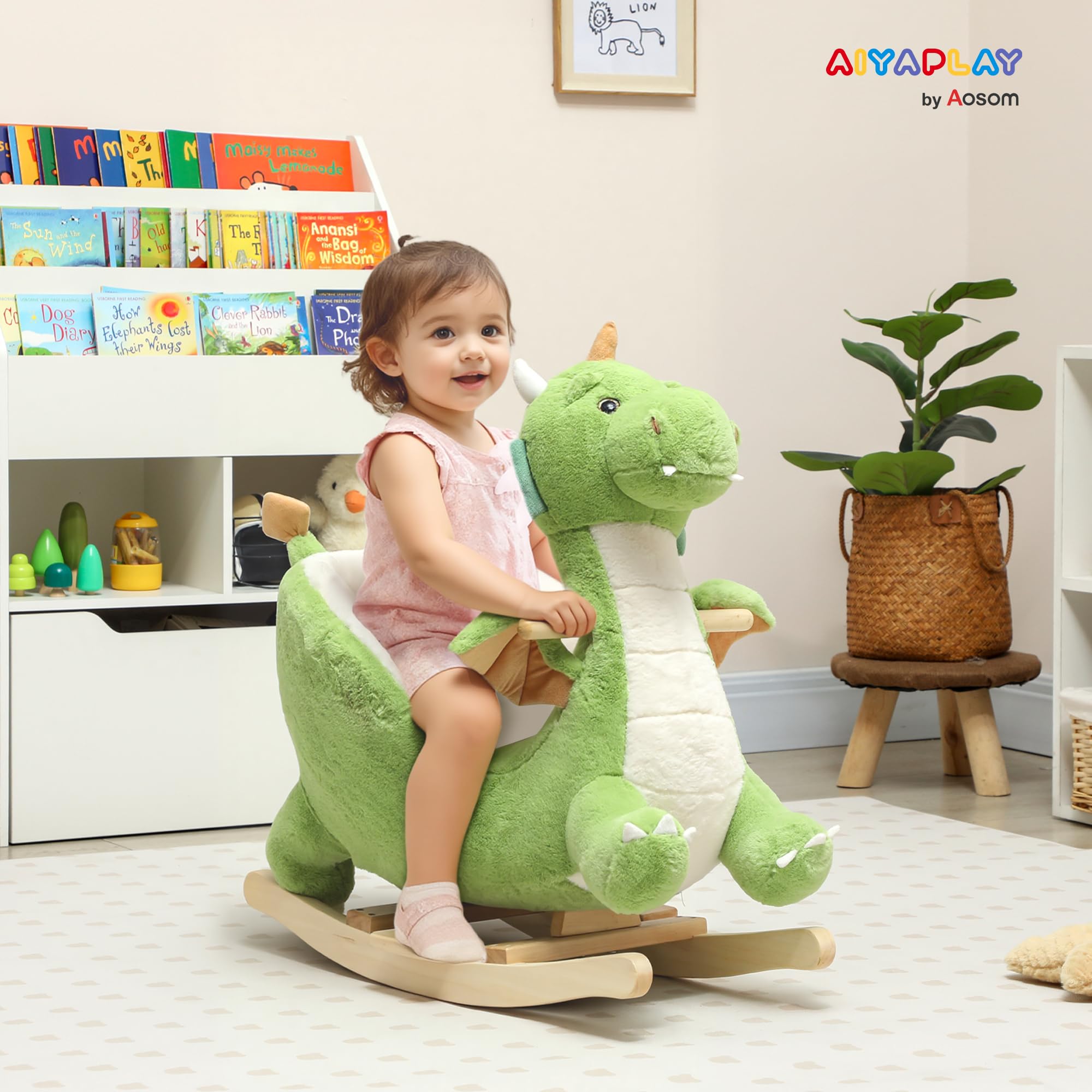 AIYAPLAY Caballito Balancín para Bebés con Sonido de Dragón, Caballo Balancín de Peluche con Base de Madera, Cinturón de Seguridad, para Niños de 18-36 Meses, Verde