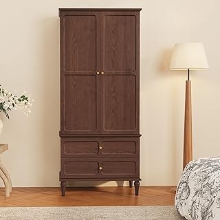 HLR 71" Mid-Century Modern Armoire Wardrobe Closet with Doors and Drawers,Wooden Armoire Storage Cabinet with Hanging Rod for Bedroom,Large Capacity Storage,Brown