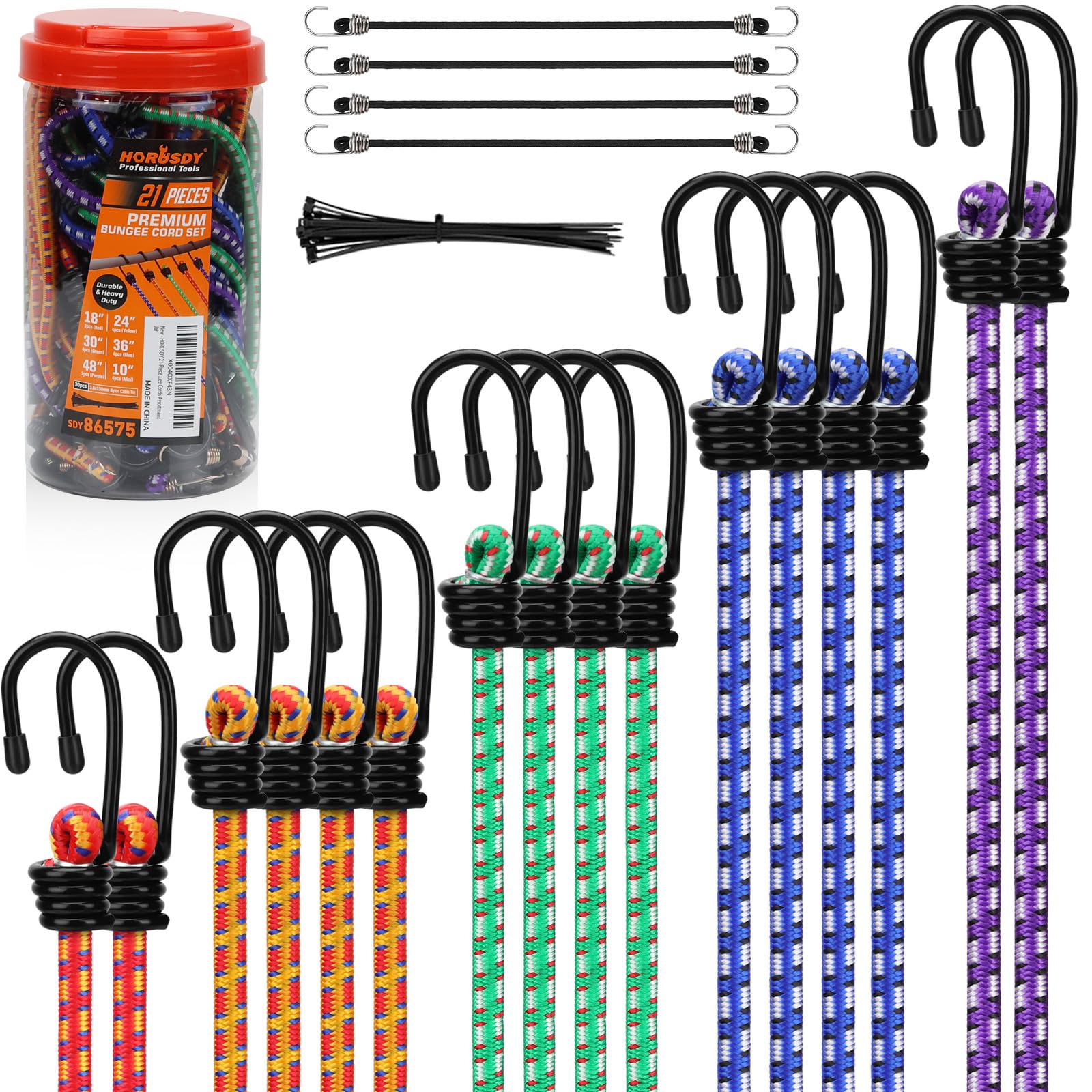 HORUSDY 31-Piece Premium Bungee Cords Assortment Jar, Includes 10”,18”,24”,32”,40” Bungee Cords, 6“ Zip Ties, 8”Canopy/Tarp Ball Ties and Crocodile Mouth Tarp Clips — Amazon image 14