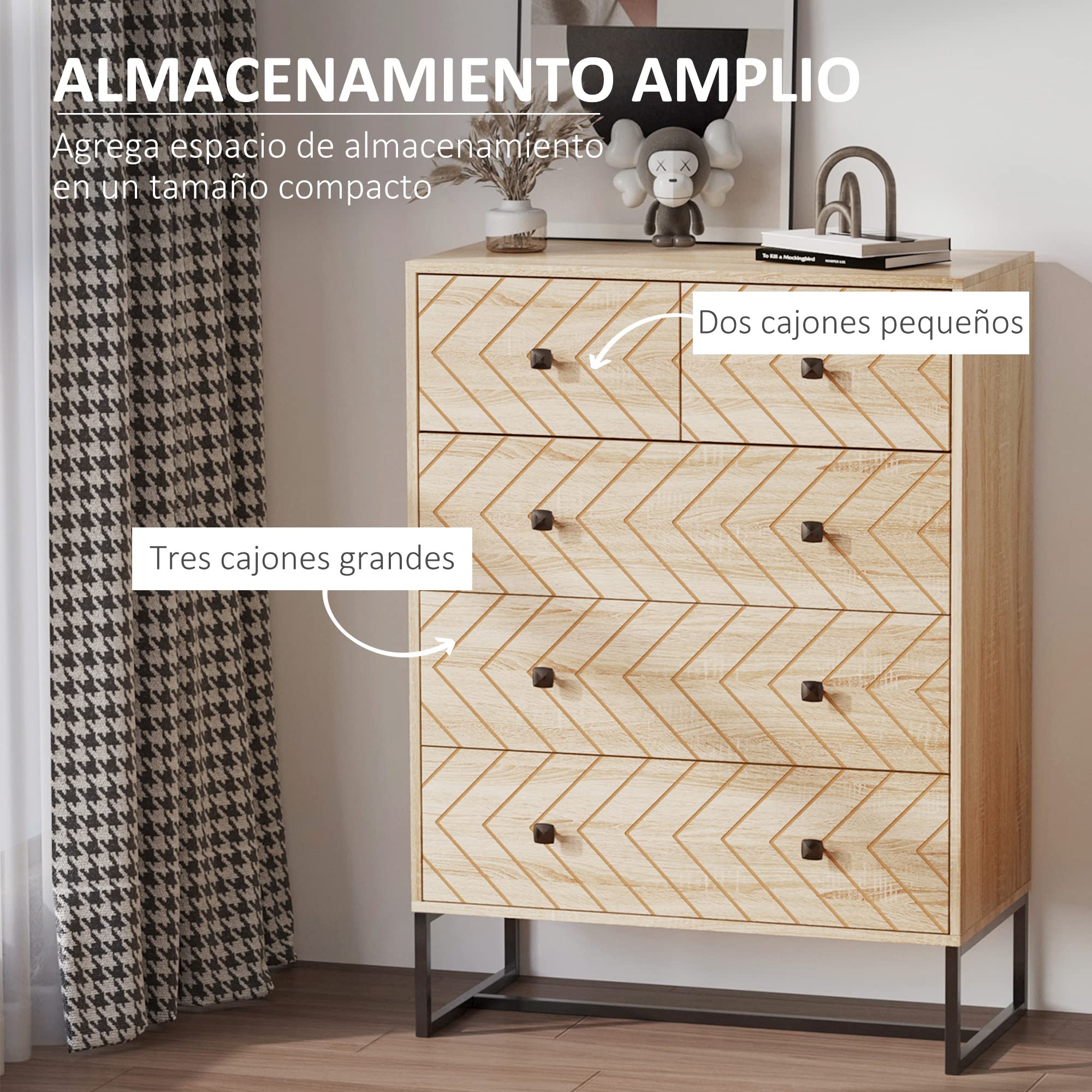 HOMCOM Armario Auxiliar Cómoda Cajonera 5 Cajones 80x39,5x110cm | Mesilla de Noche, Organizador, Almacenaje, Oficina