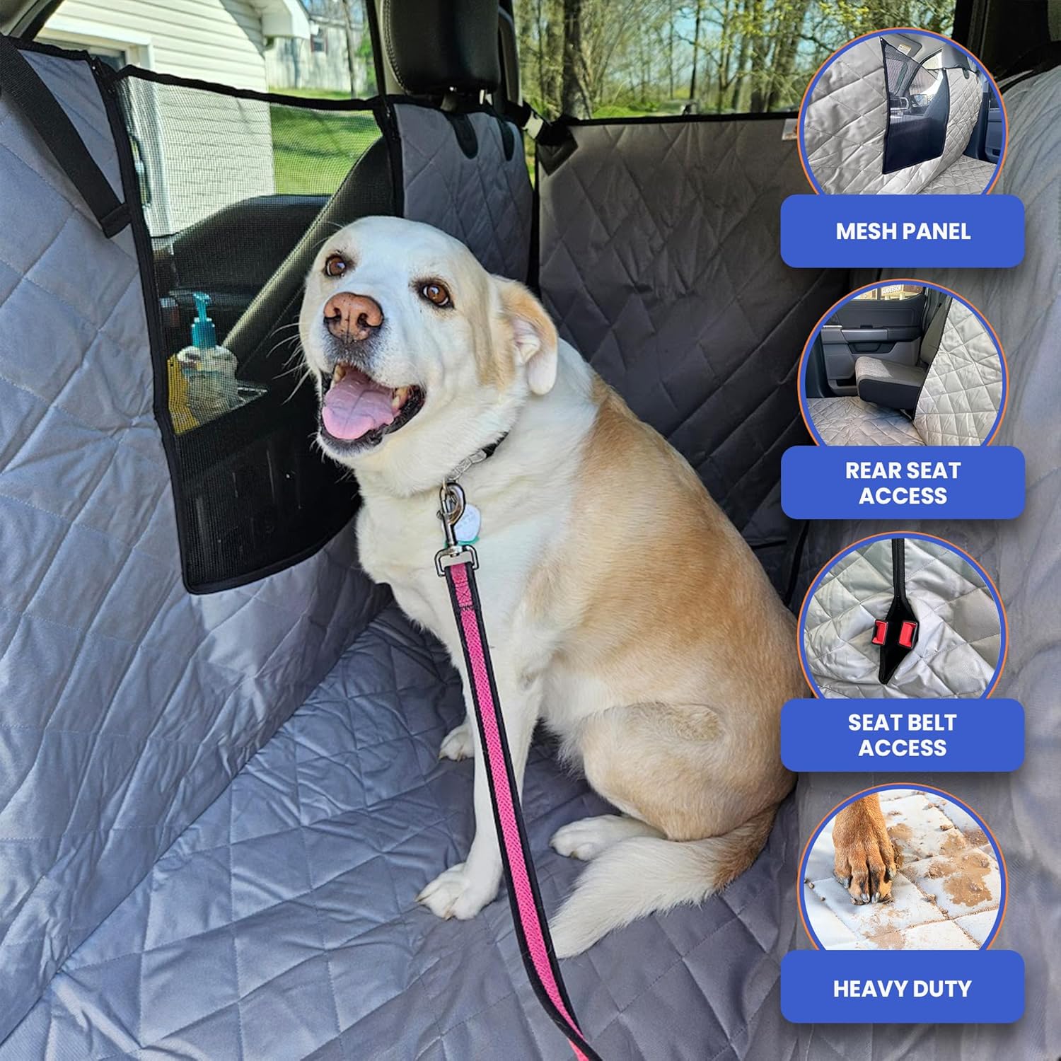 4Knines Dog Floor Hammock for Truck & Crew Cab with Fold Up Seats – Back Seat Pet Cover for Dogs – Compatible with Ram and Nissan Full Size Trucks (Driver Side Split, Grey)