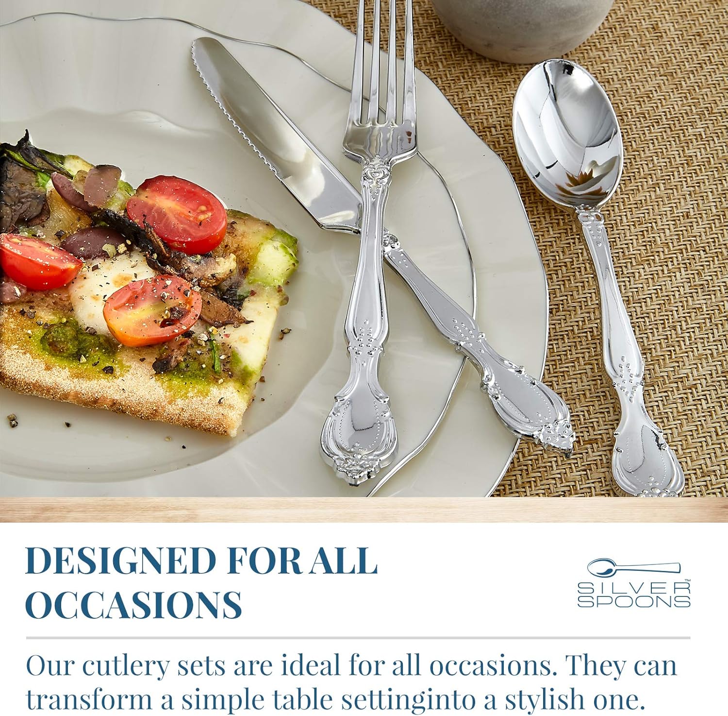 Antique Design Disposable Flatware Set (96 PC) Plastic Silverware Cutlery Set for 24, 24 Spoons, 24 Knives, 48 Forks, Heavy Duty Plastic Utensil Set for Weddings and Events, Baroque Collection, Silver