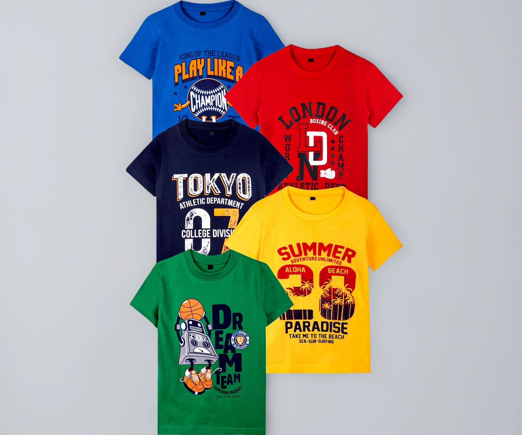 Boys Cotton Regular fit T-Shirts Pack of 5 |Soft Cotton Breathable Fabric | Half Sleeve Round Neck | Casual Wear Combo | Kids Clothing