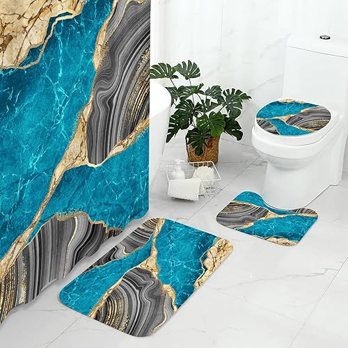 Miniatura 2 de Gibelle Juego de 4 cortinas de ducha de mármol con alfombras antideslizantes, cubierta para tapa de inodoro y tapete de baño, juego de decoración de