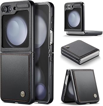 for Samsung Z Flip 5 Case, PU Leather and Hard PC Shell Ultra Thin Slim Rugged Protective Anti-Fingerprint Phone Cover for Samsung Z Flip 5 Case - Black