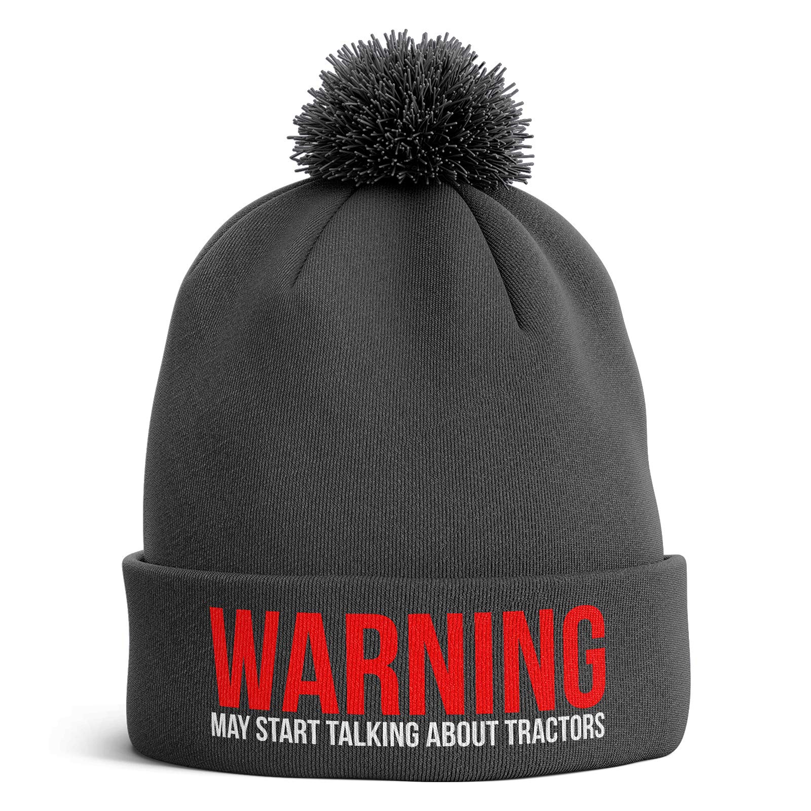 Purple Print House Farming Gifts - Warning May Start Talking About Tractors Funny Beanie Hat - Tractor Gifts Farmers Gifts (Dark Grey Bobble)