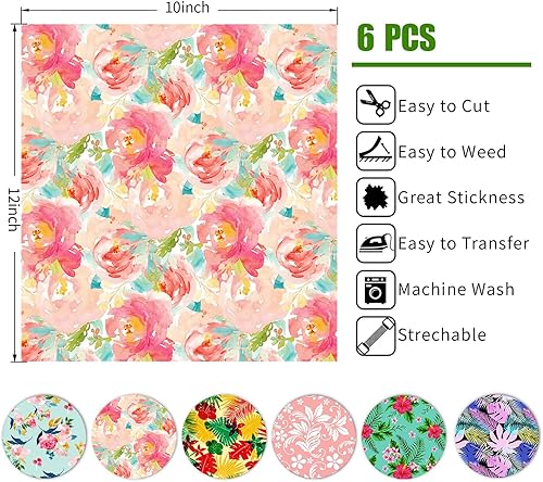 Miniatura 5 de Vinilo de transferencia de calor con estampado floral, 6 hojas de 12 x 10 pulgadas, vinilo HTV con patrón floral para planchar en camisetas
