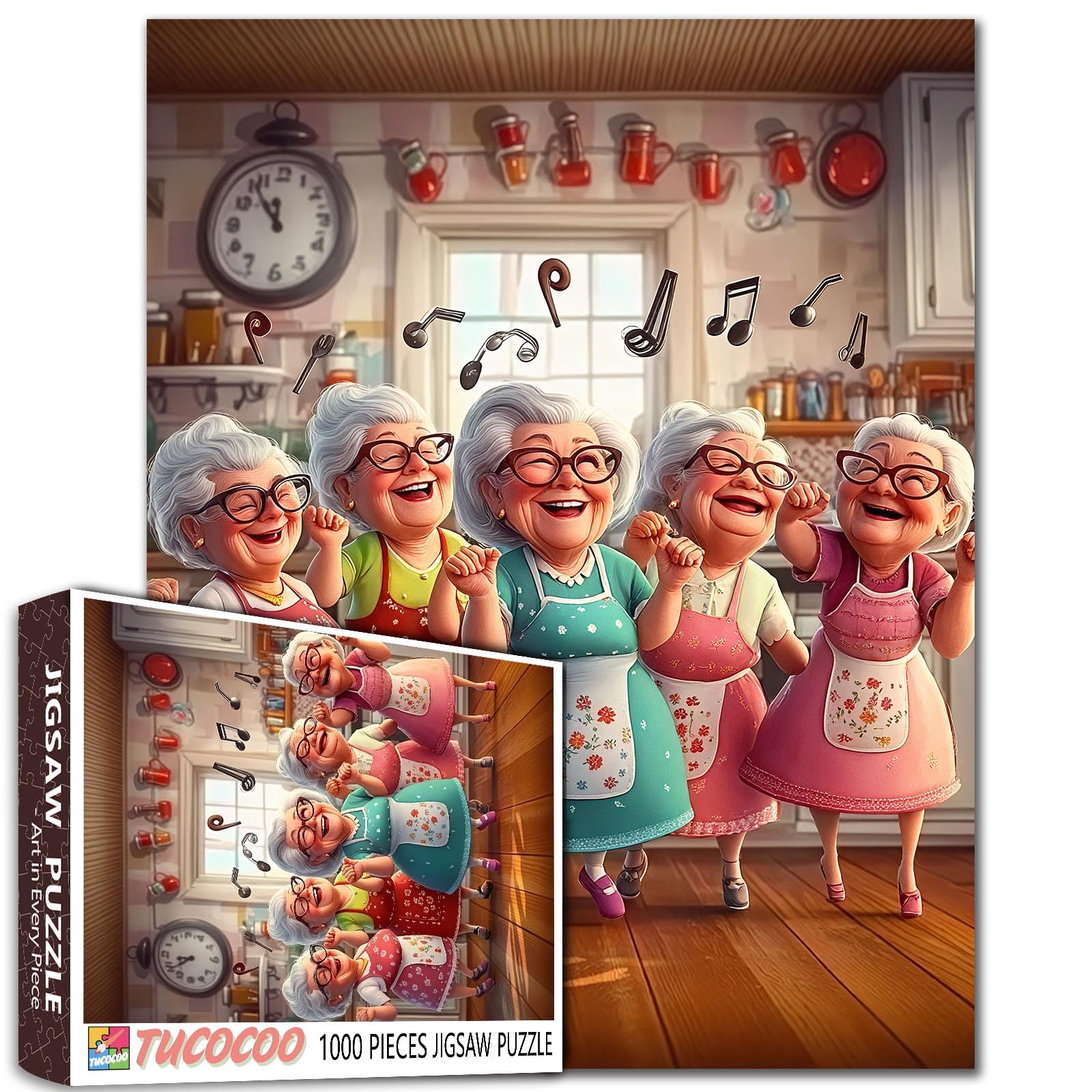 Old Woman Dancing in Kitchen Jigsaw Puzzles for Adult 1000 Piece Funny Good Friends Puzzles Wall Decor Happy Grandma’s Key Puzzles Magic Puzzle Family Challengings Game Gift