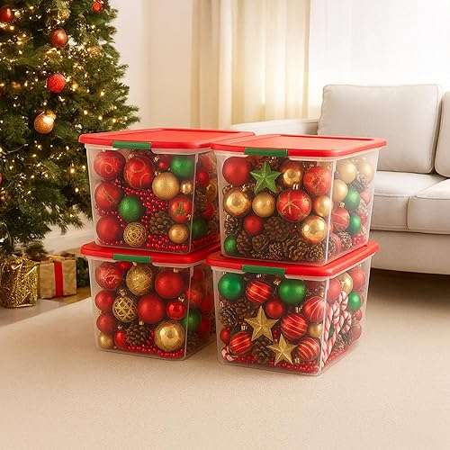 Vista 26 de HOMZ Paquete de 8 contenedores organizadores de almacenamiento de plástico transparente, 15 cuartos de galón, color gris, cajas apilables para Tapa