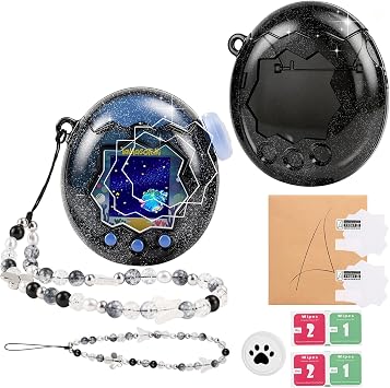 for Tamagotchi Paradise Clear Case,Transparent PC Hard Cover,with Bow Lanyard,Button Cap,TPU Screen Guard for Tamagotchi Paradise Accessories for DIY Fans and Collectors Glittery Black