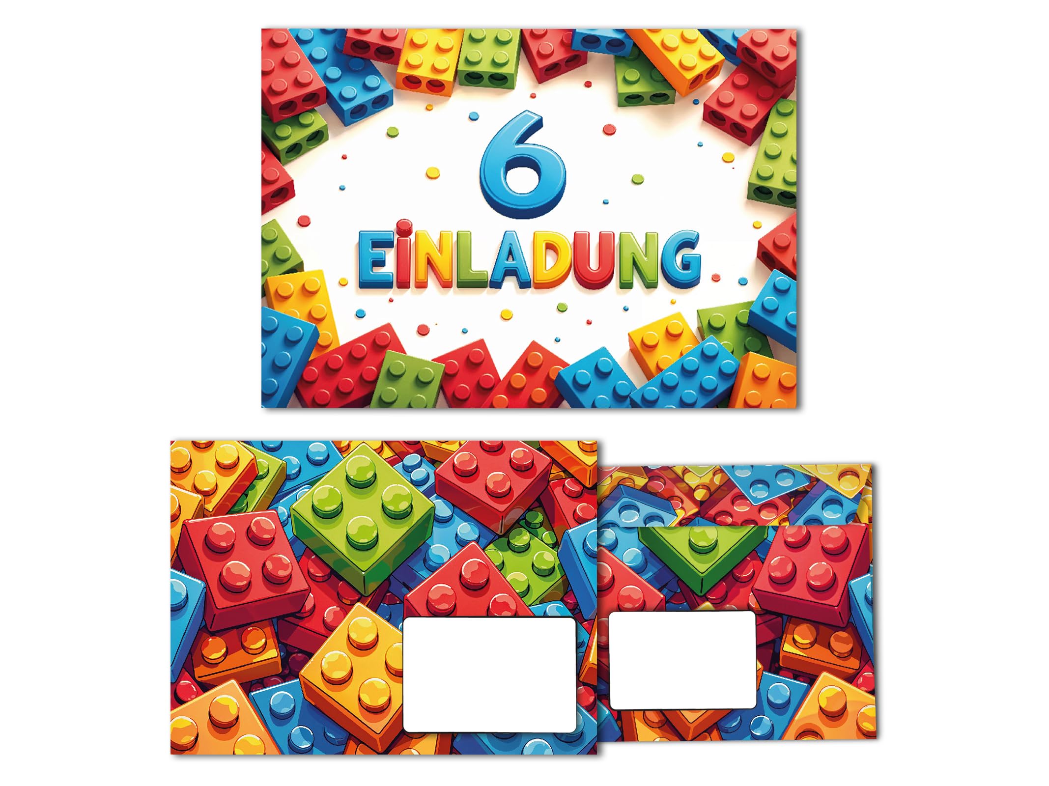 Junaversum 8 Einladungskarten inkl. 8 Umschläge zum 6. Kindergeburtstag Bausteine Kinder Jungen Mädchen coole bunte Einladungen sechste Geburtstag Geburtstagseinladungen Kids