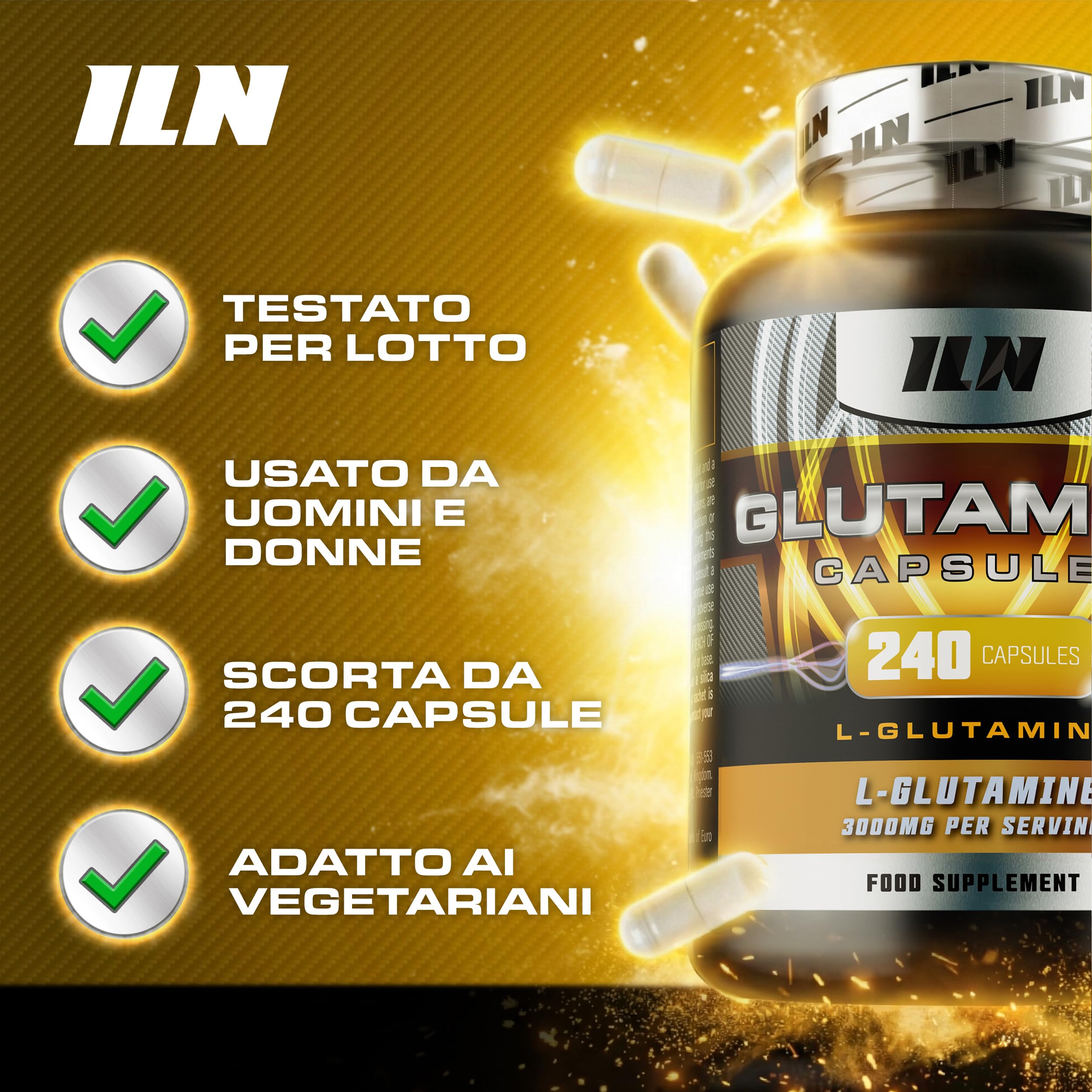 ILN Glutammina - L-Glutammina capsule 3000 mg per porzione - 240 capsule vegetariane - con vitamine D e B12-40 porzioni