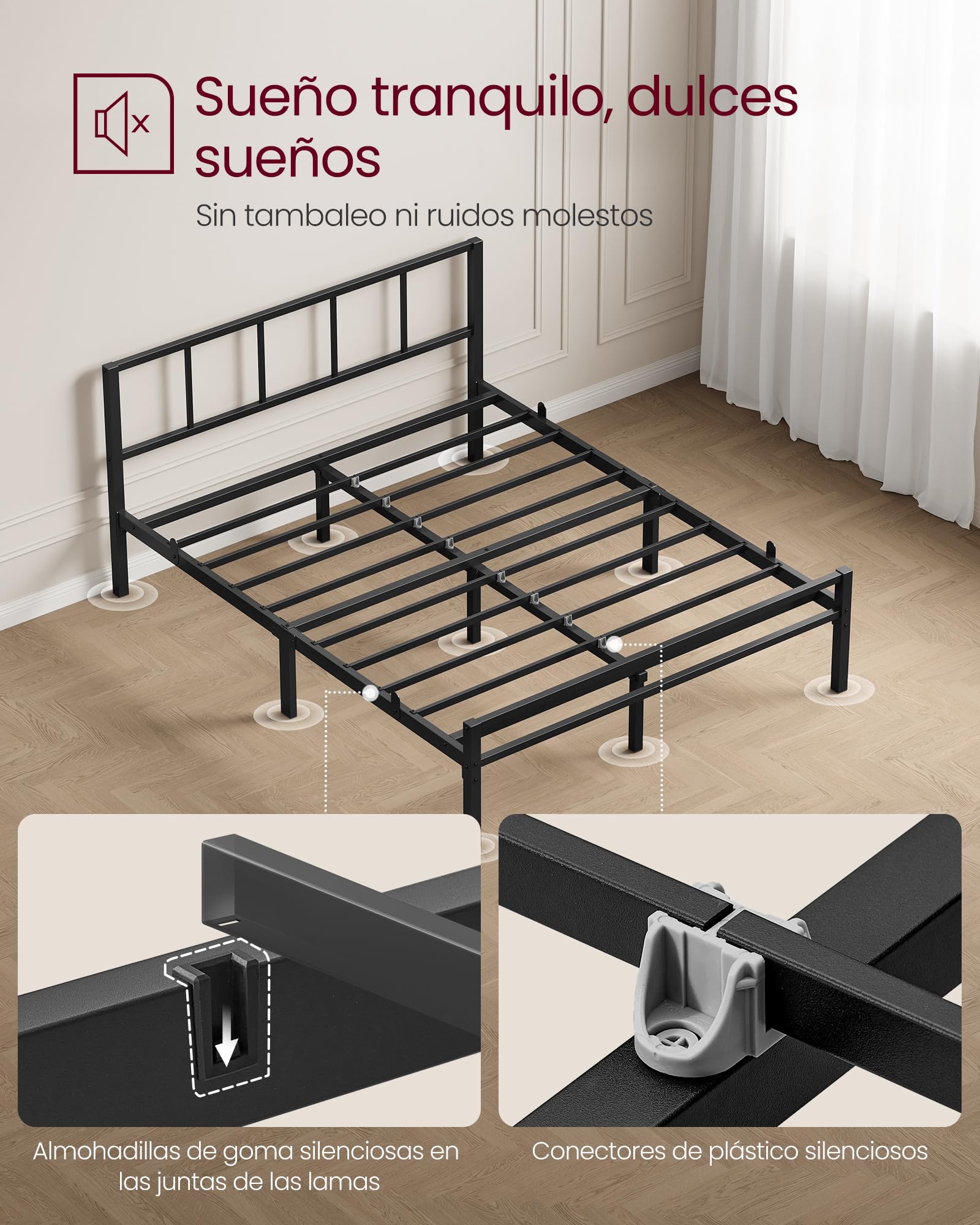 VASAGLE Cama de Matrimonio, 135 x 190 cm, Cabecero, Marco de Metal, Carga de 500 kg, Montaje Fácil, para Dormitorio, Negro Tinta RMB296B101