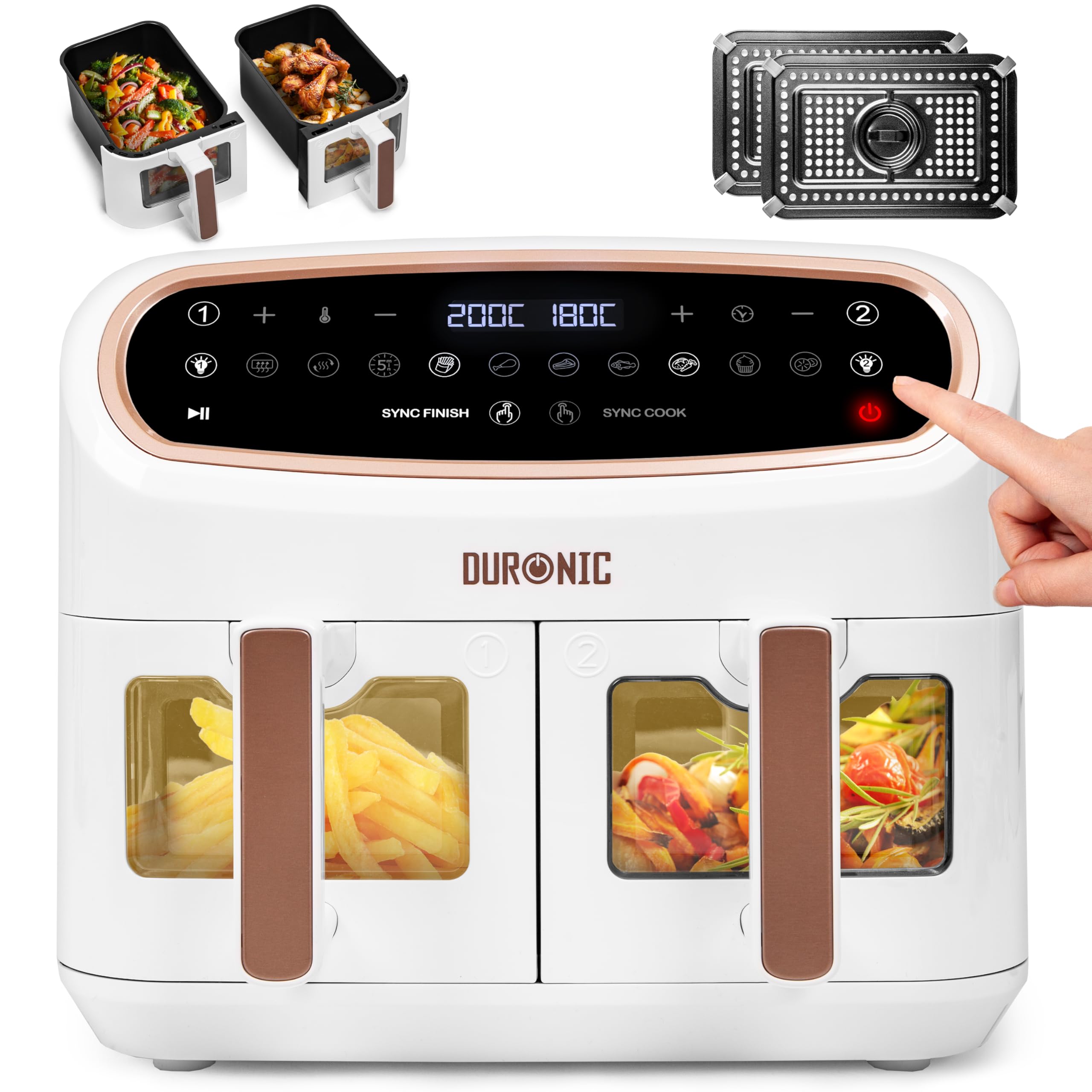 Duronic XXL Digital Air Fryer AF24 WE 10L Family Size Air Fryers Oil Free Double Drawer 10in1 Dual Zone Extra Large AirFryer with window for Family Cooking with Dishwasher Safe Non-Stick Baskets White — image 1