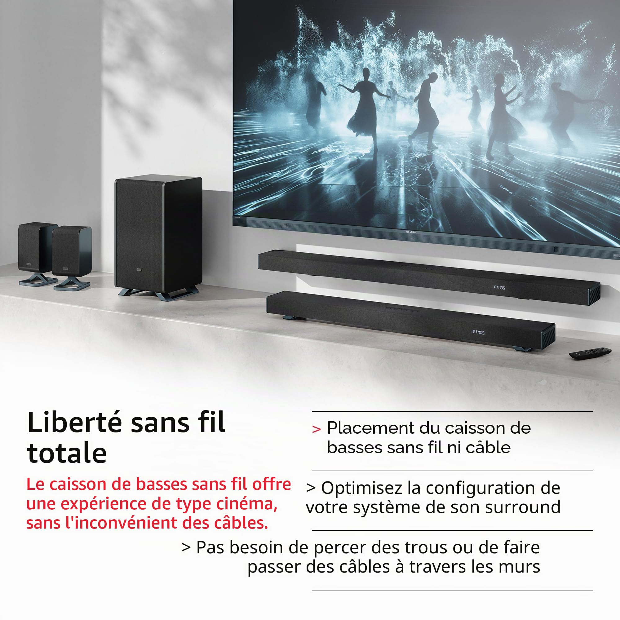 SHARP HT-SBW55121(BK) Barre de Son 5.1.2 canaux avec Caisson de Basses sans Fil - Audio Home cinéma 650 W, Dolby Atmos, DTS:X, Bluetooth 5.3, HDMI eARC, Passthrough 4K - Noir