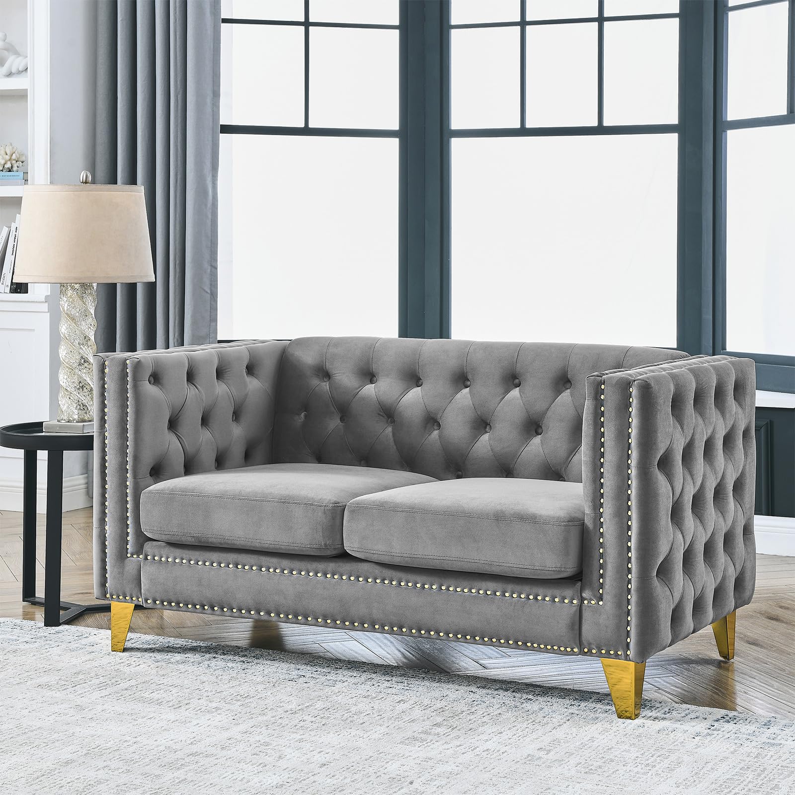 Antetek Comfy Upholstered Couches for Living Room, 58-inch Modern Button Tufted Loveseat Sofa w/Square Arm, 4 Golden Metal Legs and Gold Nail Heads