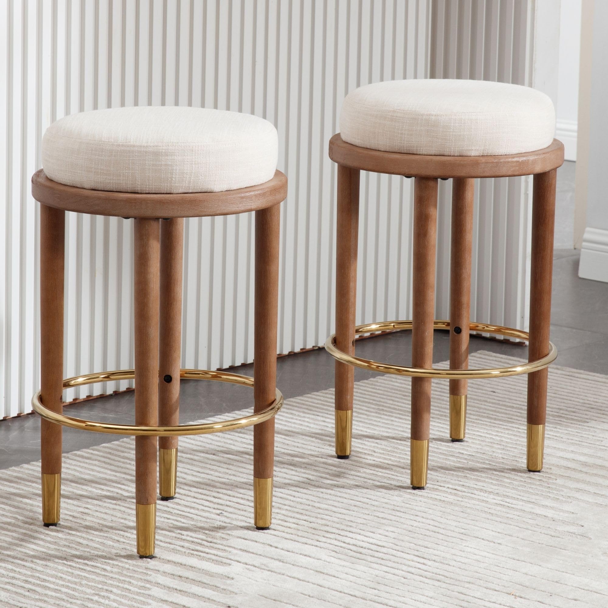 26’’ Rustic Backless Bar Stools with Metal Gold Footrest Counter Height Barstools Set of 2 Modern Round Farmhouse Beige Linen Upholstered Wooden