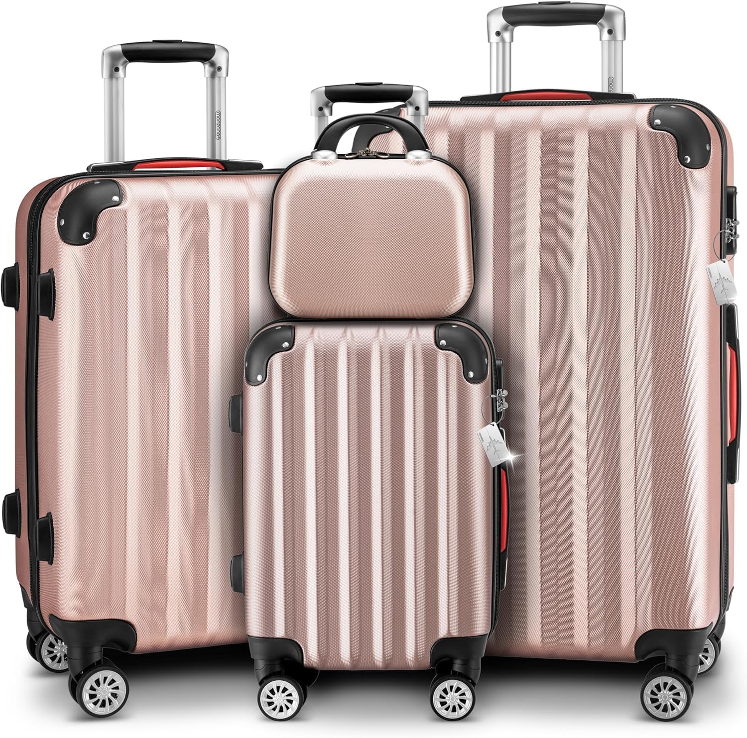 MONZANA Set 4 Maletas Rígidas de Viaje ABS M L XL Neceser Trolley Rosa | Ruedas 360°, Asa Telescópica, Organizadores, Candado Combinación, Báscula LED, Etiquetas, Correa Equipaje, Apilables, Viajes