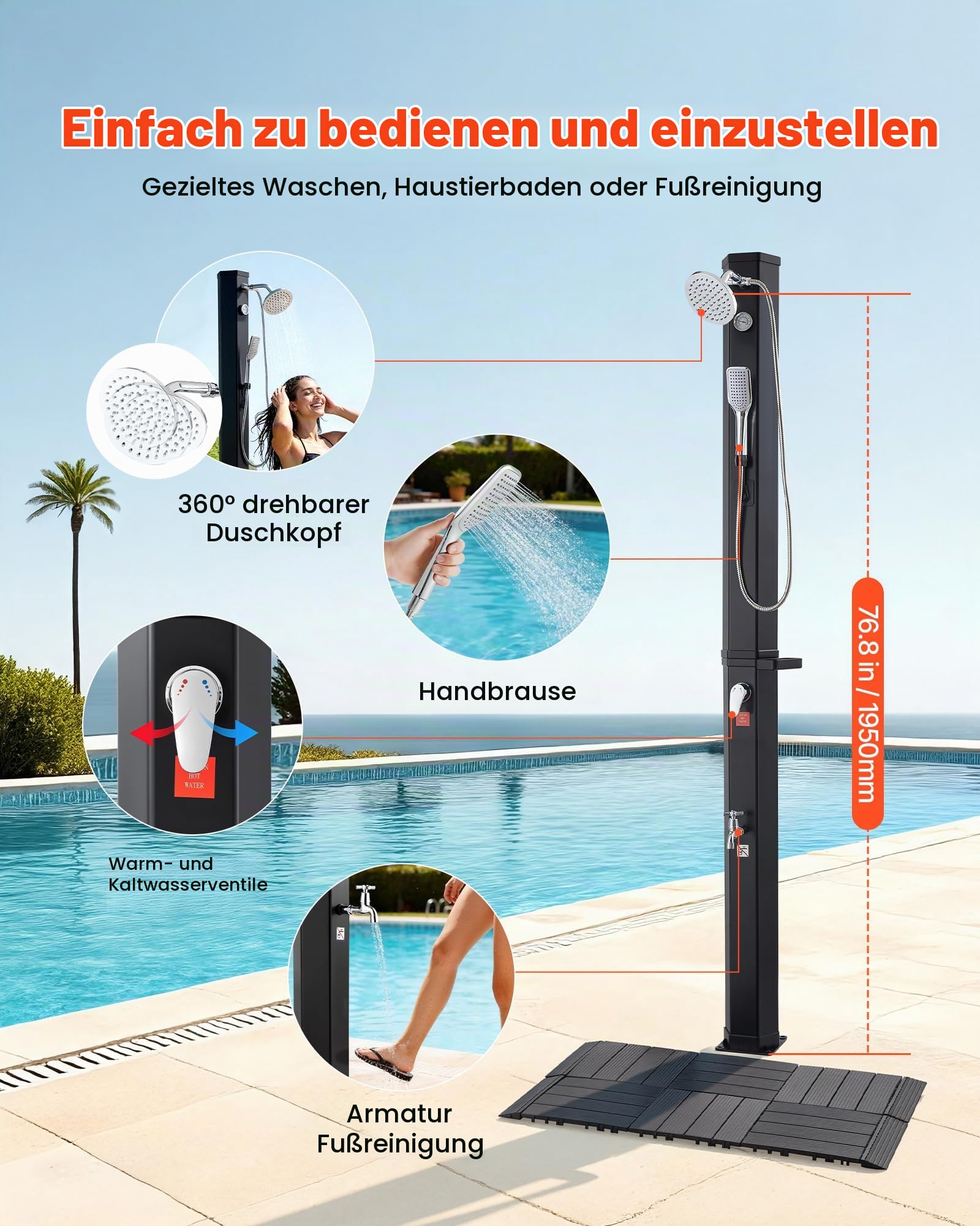 VEVOR Solardusche 40 L, Gartendusche 2290 mm, Außendusche, inkl. Bodenplatte-Set, Hand- & Fußarmatur, Warm- & Kaltwasserregulierung, Campingdusche für Garten, Poolbereich, Strandpool, Schwarz