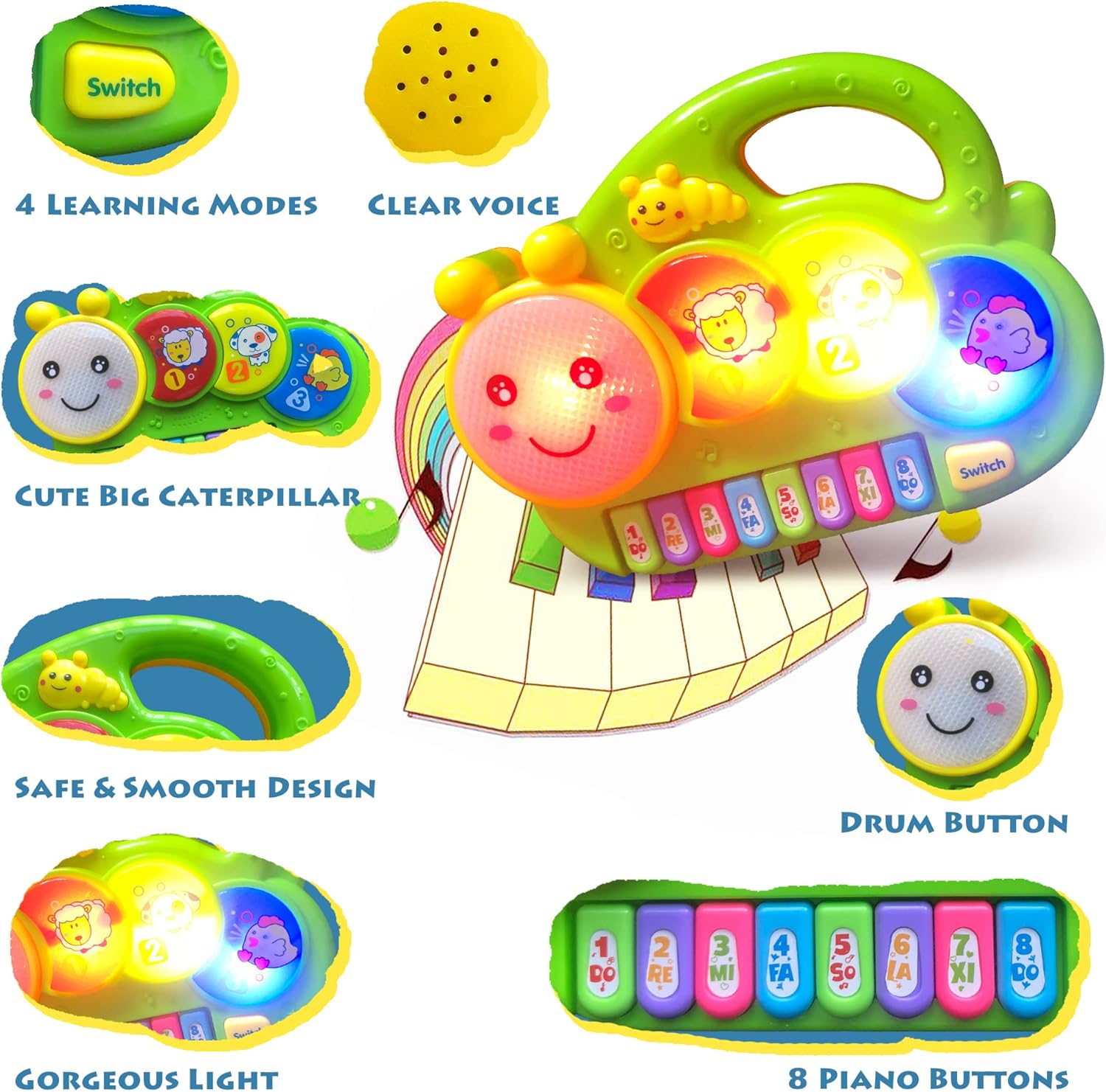 Baby Piano Drum 6-12 Months Toy, Caterpillar Piano Keyboard Drum Light Up Sound Musical Toy, Learning Educational Interactive Infant Toddler 12-24 Months Gift - Image 2