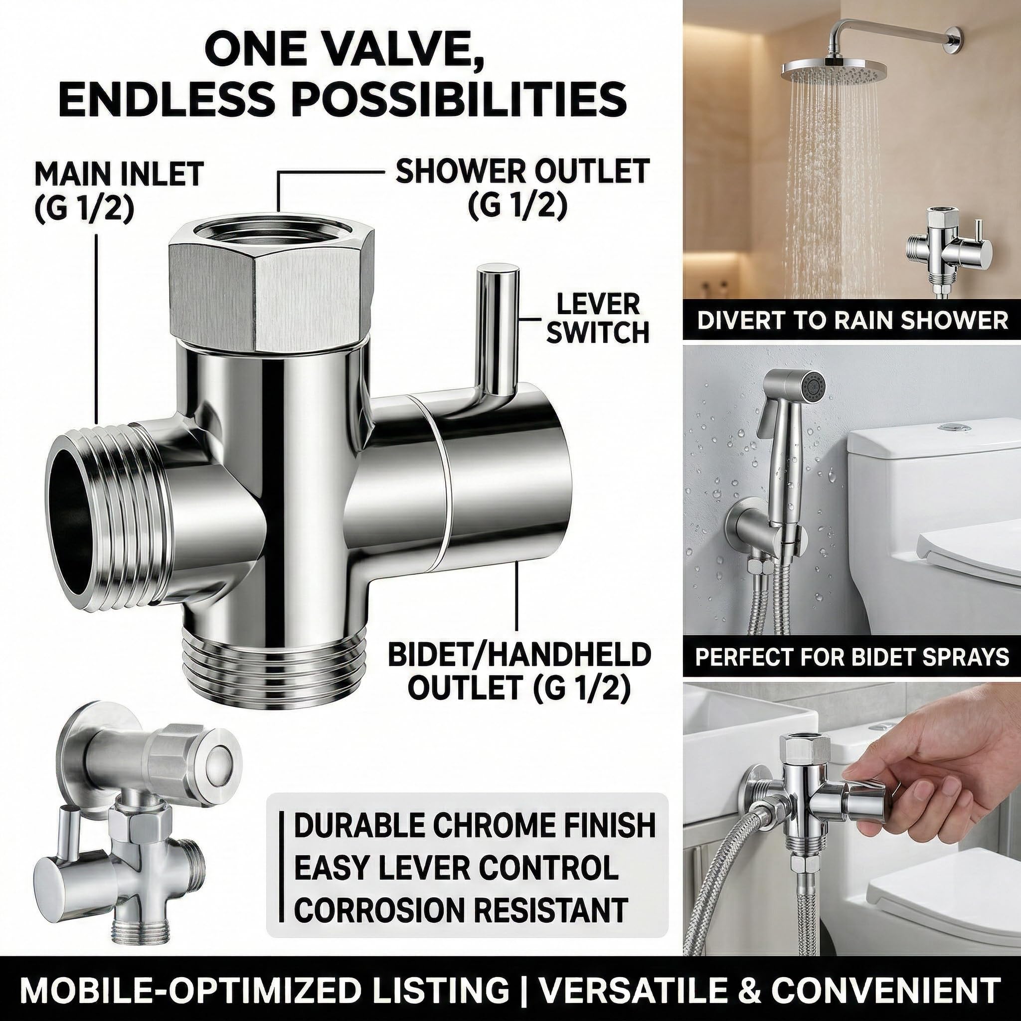 Valvola a 3 Vie per Doccia G1/2" – Deviatore per Rubinetto Facile da Installare – Adattatore per Acqua per Bagno e Cucina