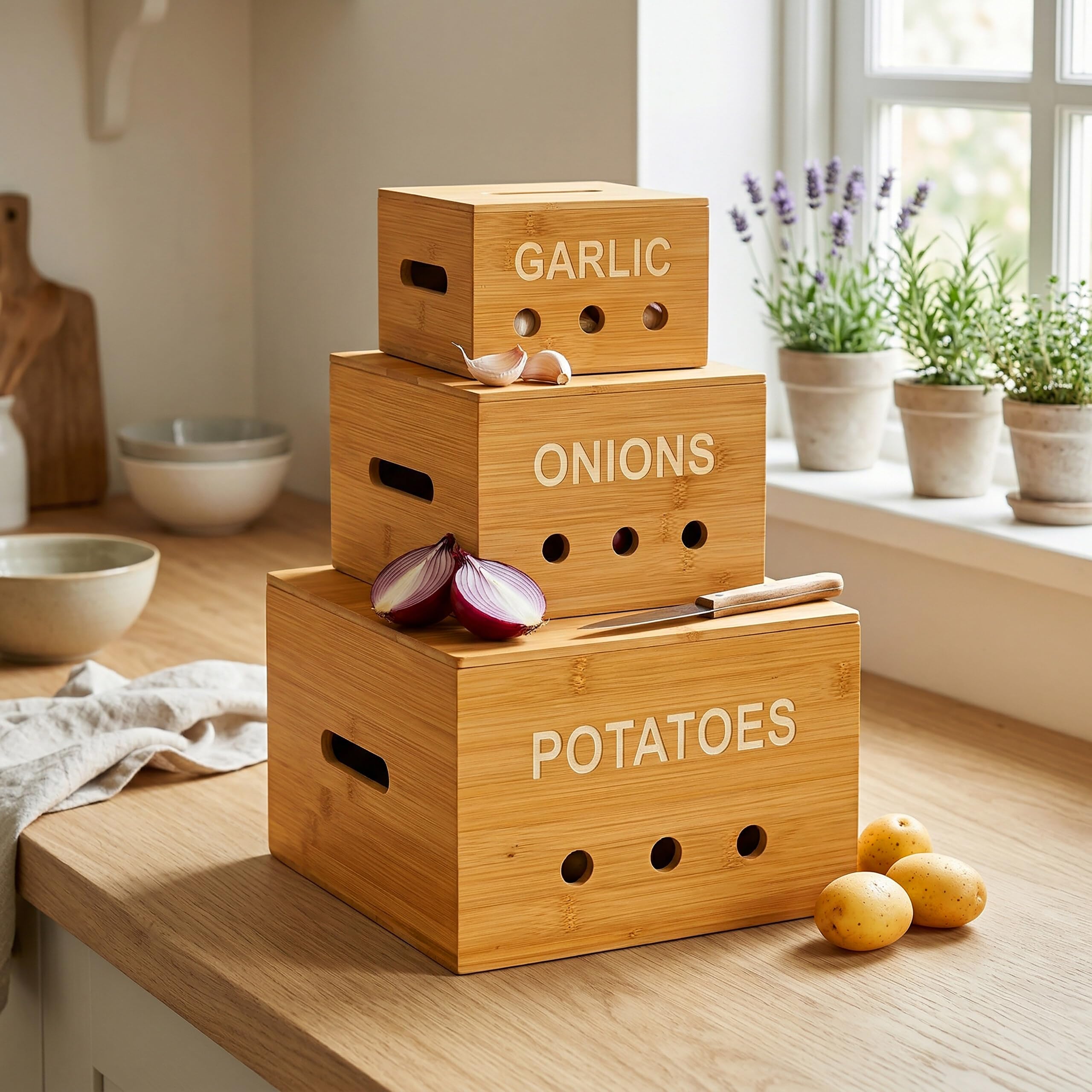 Relaxdays Cajas de almacenamiento de bambú natural, 3 tamaños, cocina | para patatas, cebollas y ajo