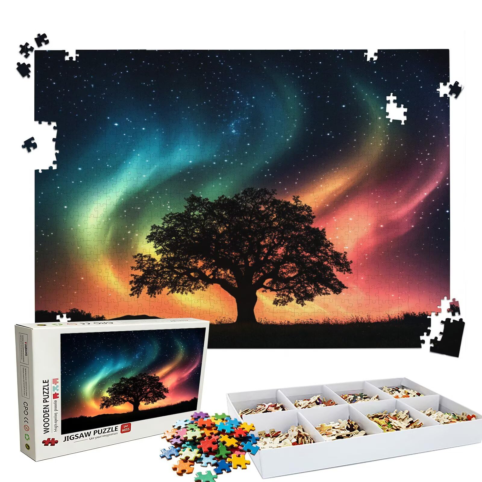 Puzzle 1000 elementów, puzzle 1000 elementów dla dorosłych, trudne puzzle, aktywność antystresowa i relaks, druk w wysokiej rozdzielczości, puzzle drzewo zorza drzewna z wykwintnym pudełkiem do
