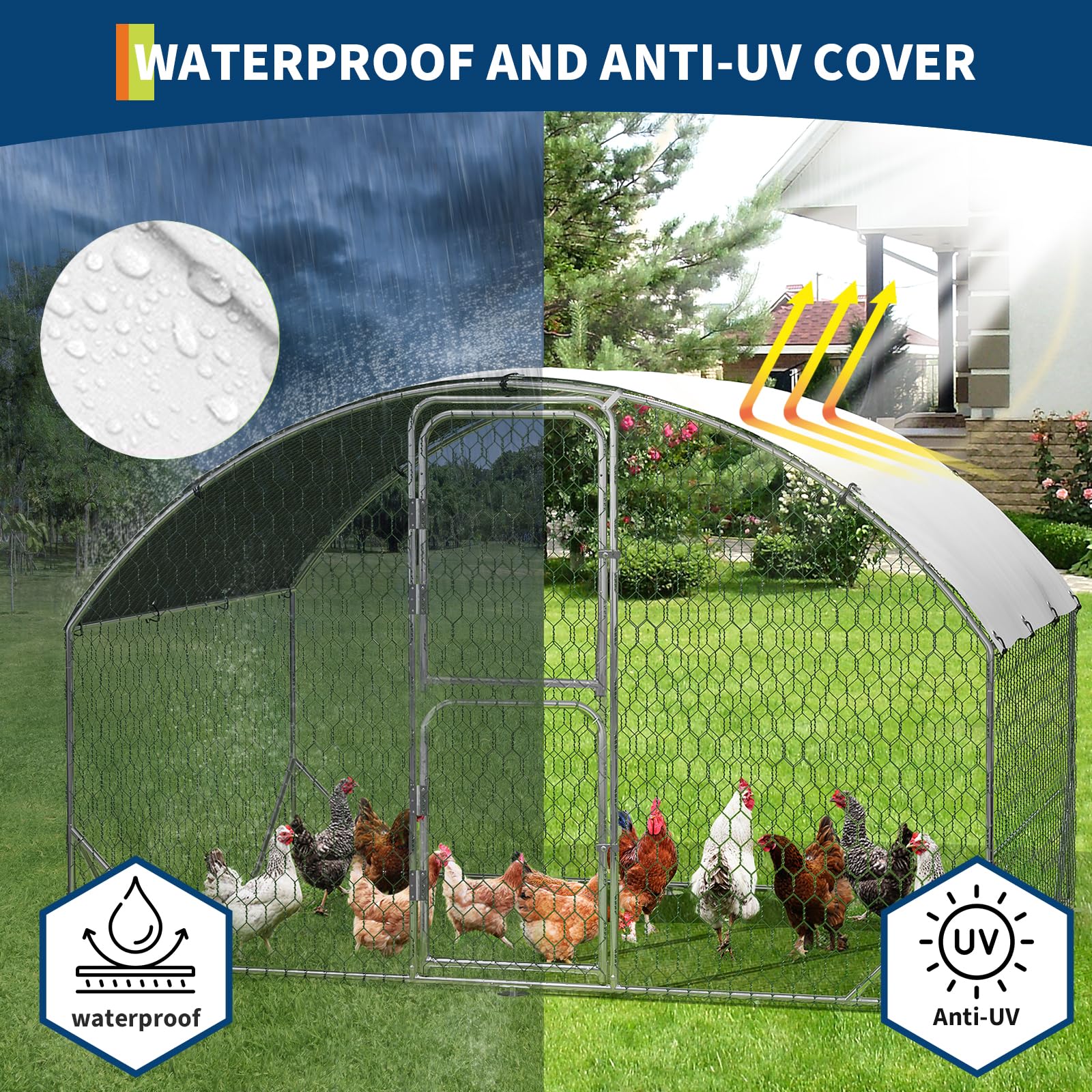 Garvee Gallinero Exterior Grande de Metal 3x2x2m, Jaula para Aves con Estructura de Acero Galvanizado Reforzado de 0.8mm, Recinto de Corral con Cubierta Impermeable y Anti-UV, Doble Puerta con Cierre