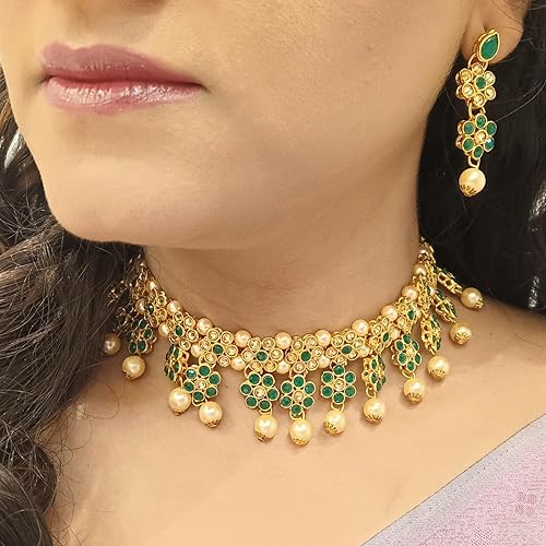 Miniatura 3 de Efulgenz Faux Kundan Pearl Choker Sets for Women Indian Jewelry Crystal Kundan Necklace Crystal Floral Necklace Earrings Maang Tikka Head Chain