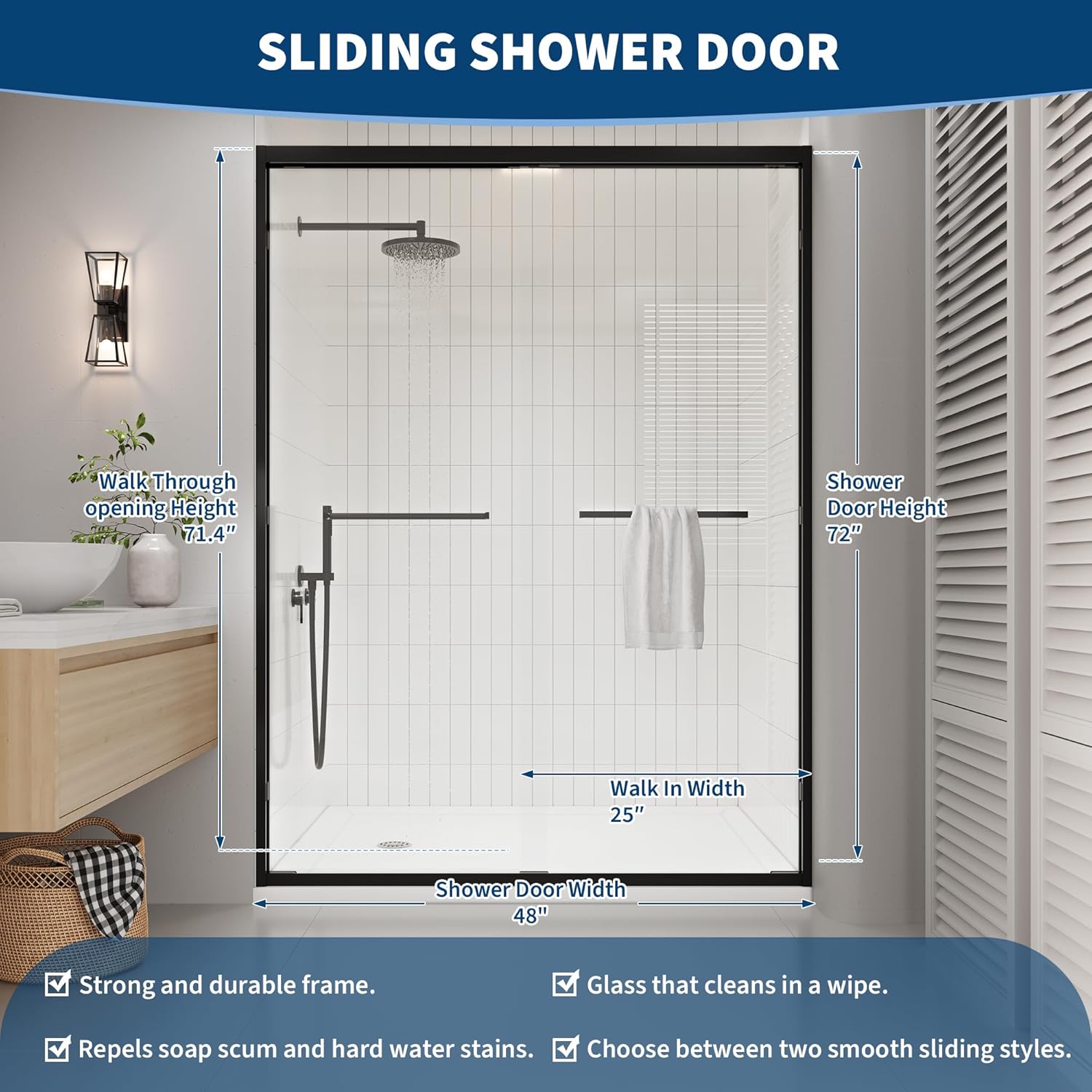 44-48 in. w x 72 in. h Semi-Frameless Double Sliding Shower Door, Clear Tempered Glass, Matte Black Frame for Walk-in Shower, Space-Saving Solution for Tight Bathrooms