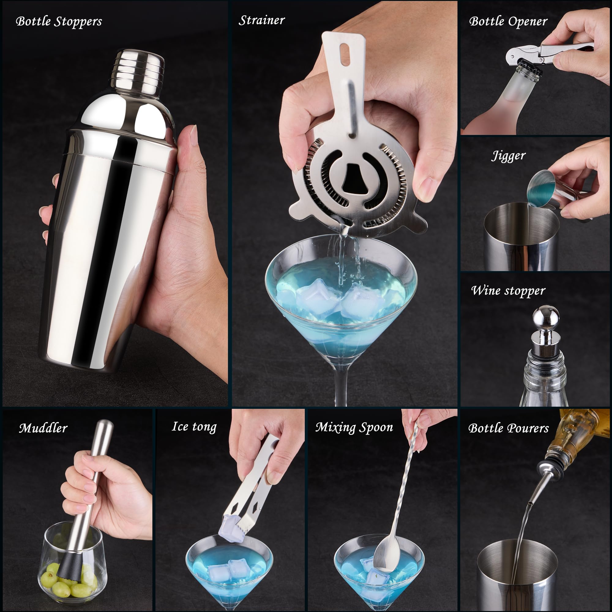 Set shaker per cocktail barista: kit da barista in acciaio inox da 15 pezzi con barre di supporto in acrilico con tutti i pratici accessori da bar, strumenti da bar per miscelare bevande, bar, casa