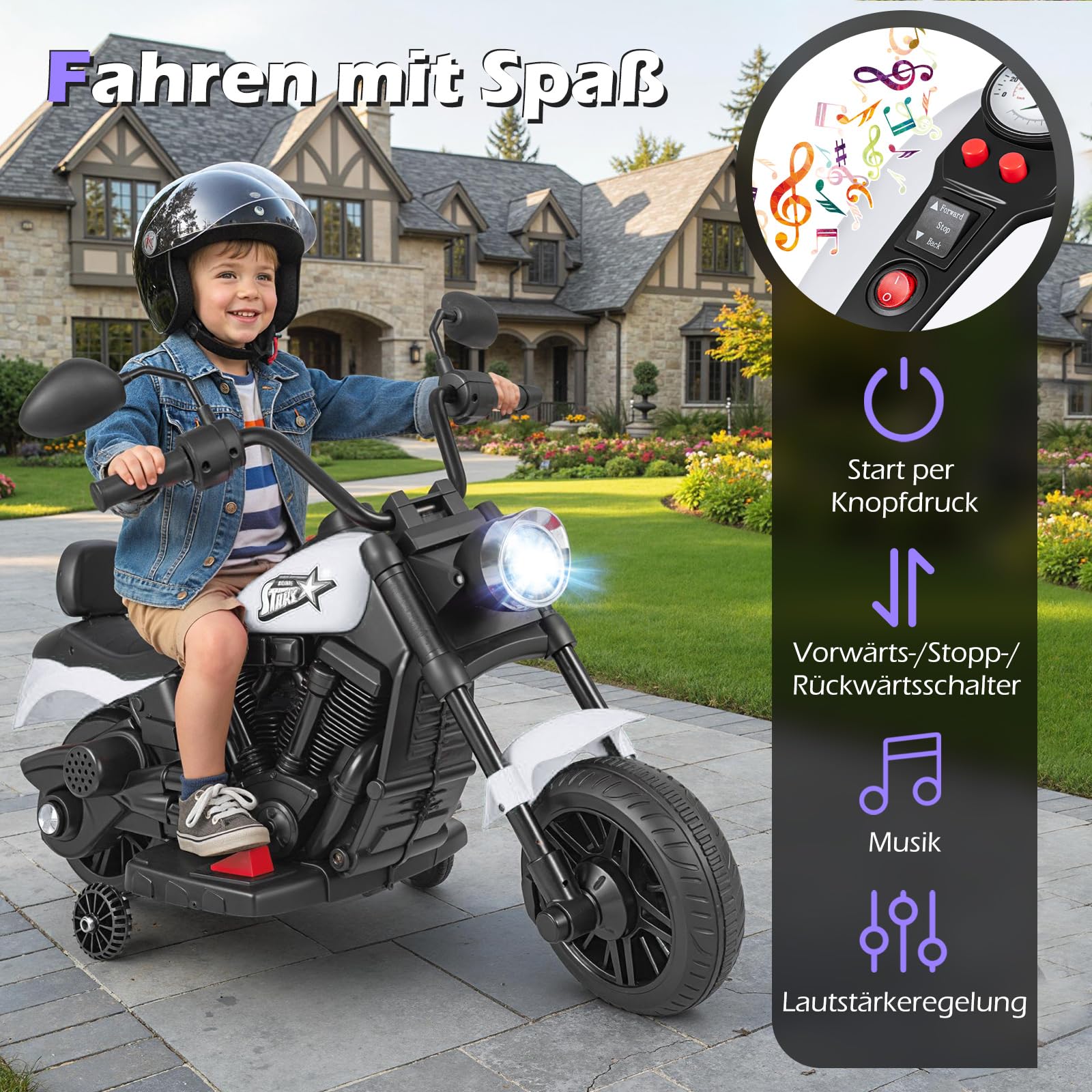 COSTWAY 6 V Kinder Motorrad Elektro, Kindermotorrad mit Scheinwerfer, Rückspiegel & 2 Stützrädern, Elektromotorrad mit Musik & Licht, 2,4 km/h, Elektrofahrzeug für Kinder ab 18 Monaten (Weiß)