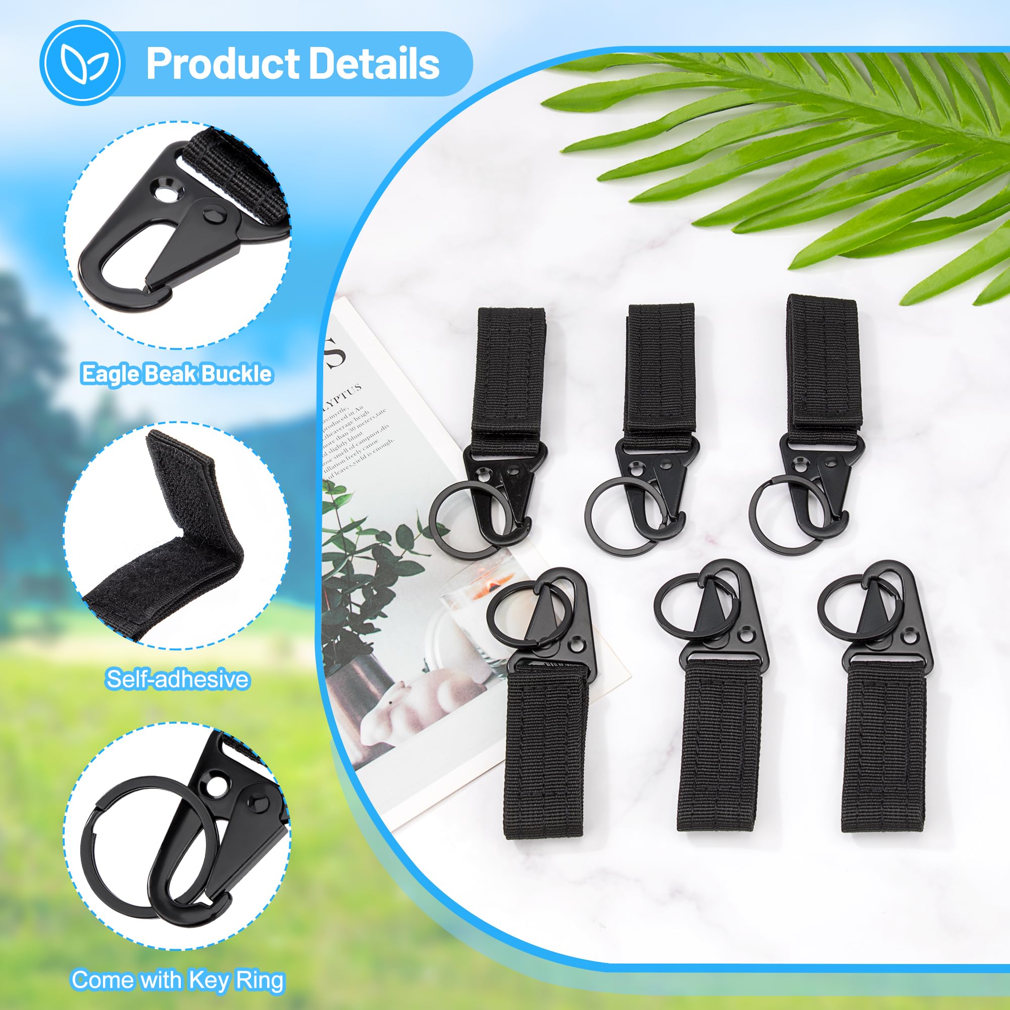 6 Moschettoni Tattici Neri Con Portachiavi - In Nylon, Per Escursionismo, Campeggio, Attività Outdoor - Foto 3