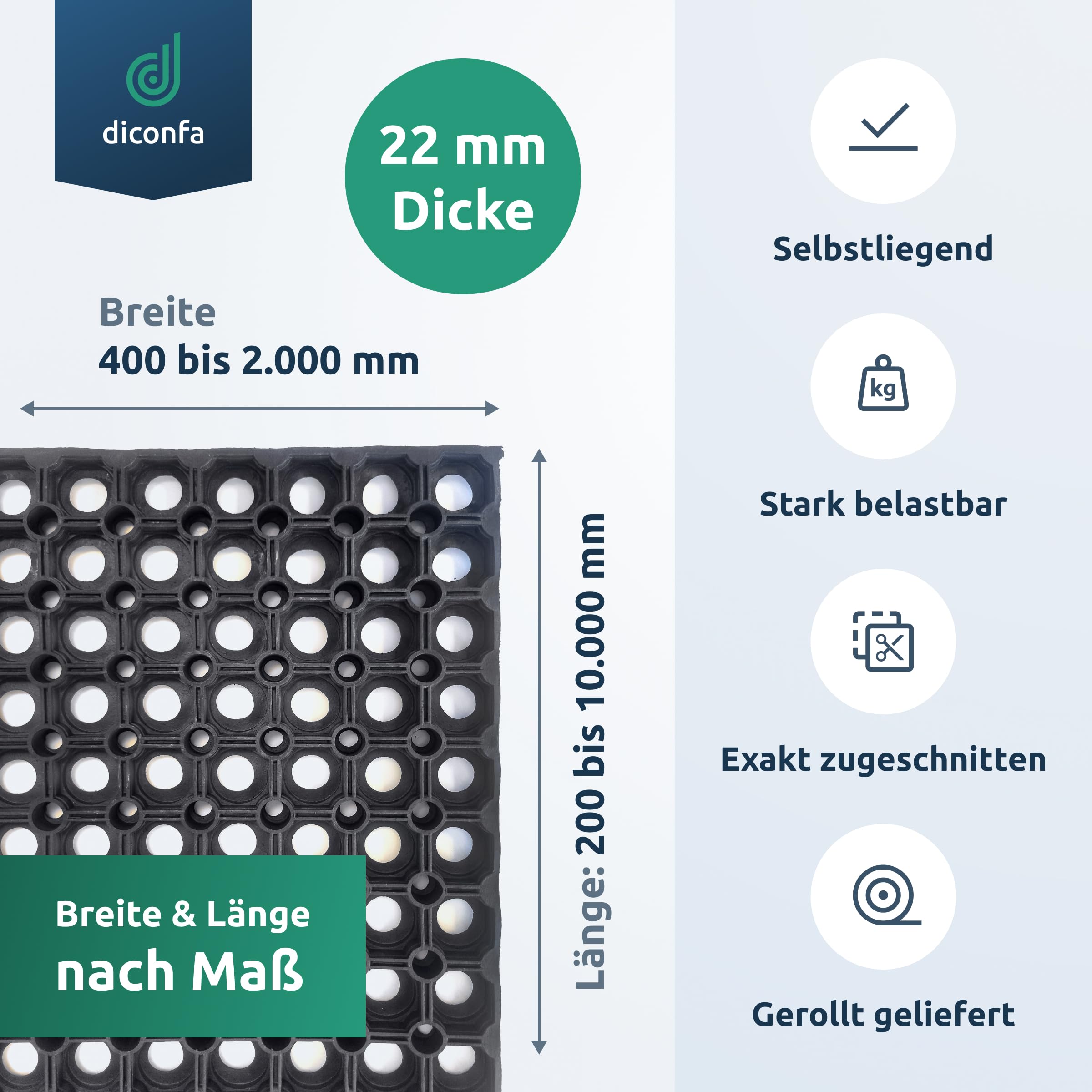 diconfa Ringgummimatte NACH MAß 22mm Auswahl 1,2m BREIT, 2,6m LANG | BREITE 0,4m bis 2,0m - LÄNGE 0,2m bis 10m - GRÖßE: 120cm x 260cm - Gummimatte Schmutzfangmatte Lochmatte Wabenmatte
