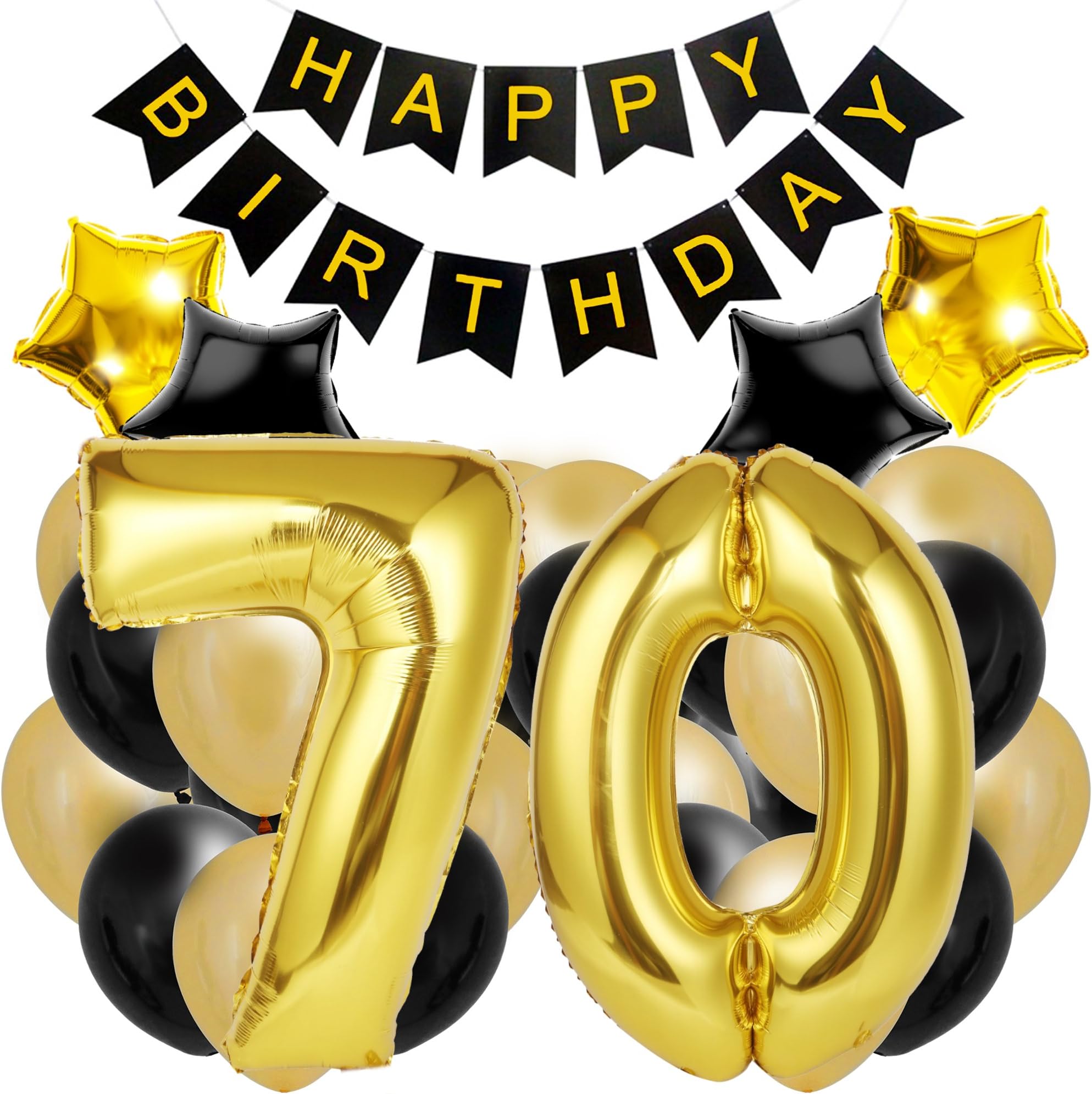70th Birthday Decorations for The Best 70th Birthday Party - Includes Happy Birthday Banner, Large Number 70 Birthday Latex Balloons + 24 Balloons in Black and Gold. Have a Happy 70th Birthday!