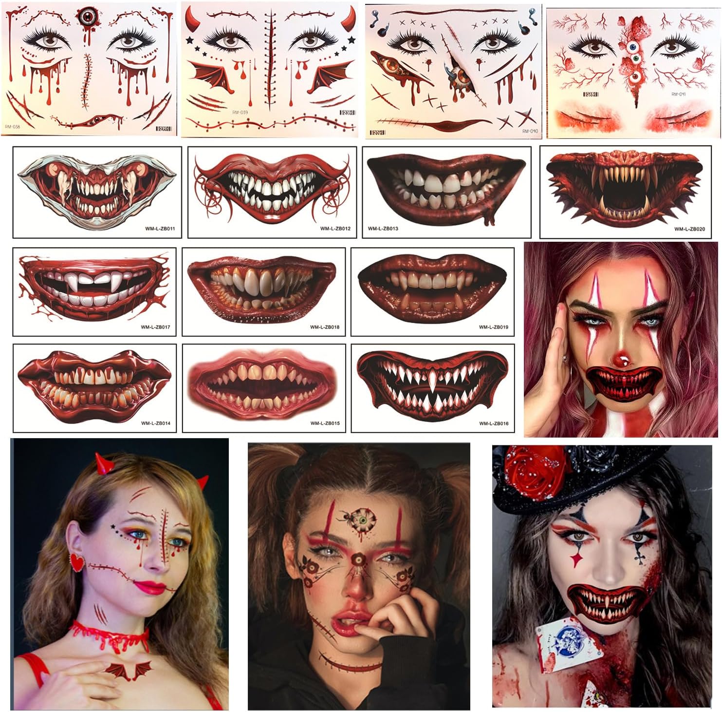 (14 sheet) Halloween Temporary Face Tattoos Halloween Scary Face Makeup Stickers and Clown Scary Mouth Tattoo Stickers Cosplay Party DIY Decoration Masquerade Prop Stickers