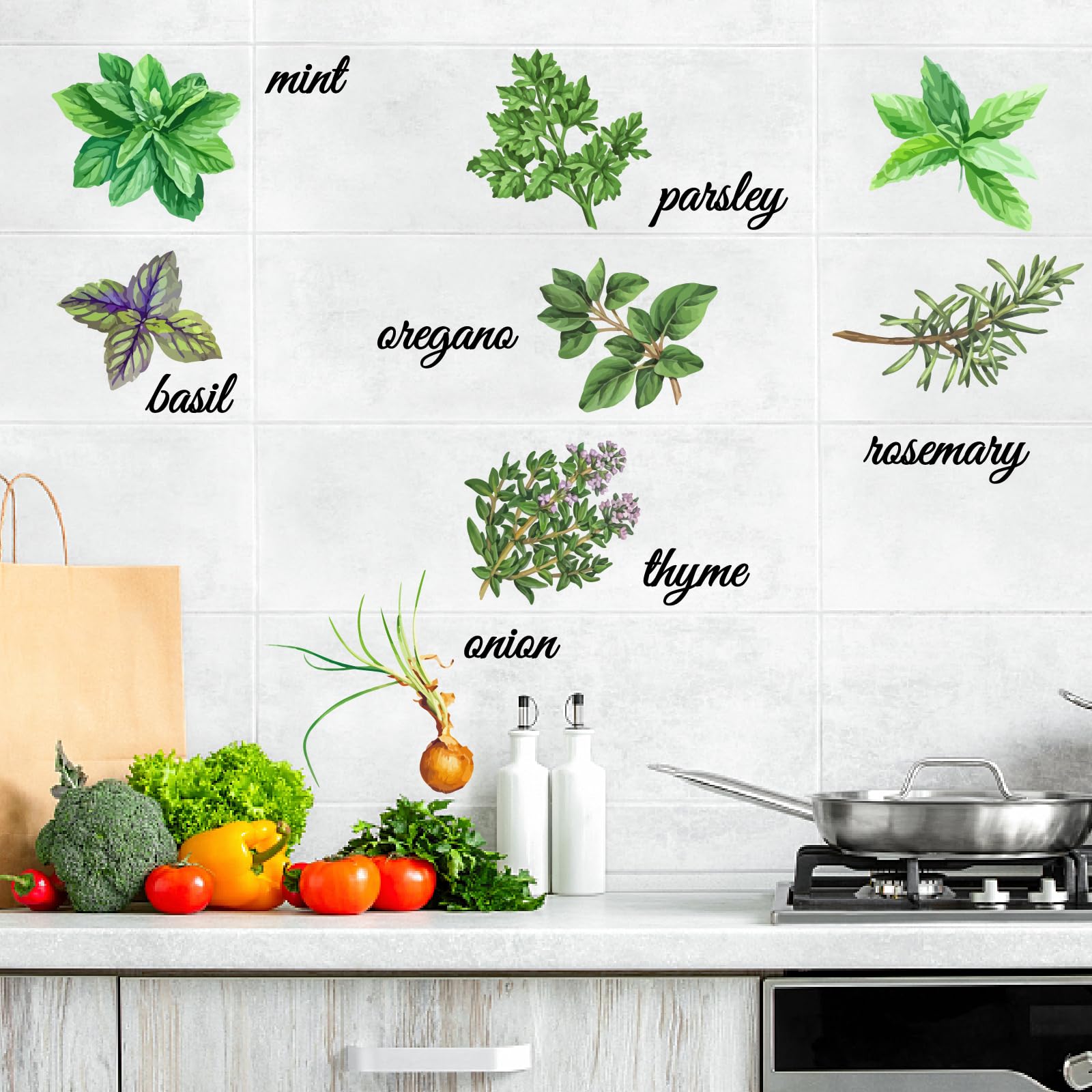 PLIGREAT 18 Pcs Kitchen Cabinet Herb Wall Decals Lifelike Green Herb Murals Wall Decor Removable Vinyl Popular Science Plants Stickers for Classroom Botanical Gardens Vegetable Market Decoration