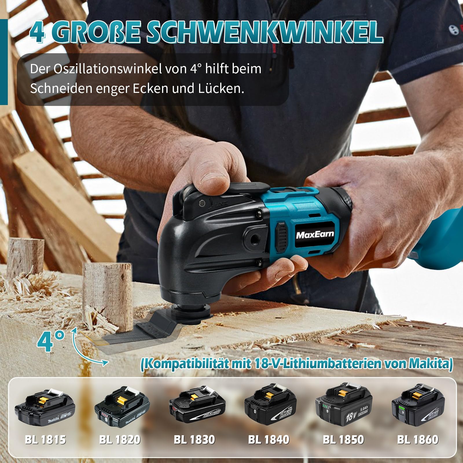 Akku-Multifunktionswerkzeug mit 6 Titan Sägeblätter + 15 Sandpapier, Kabelloses Oszillierendes Werkzeug-Set für Makita 18V, Multitool Bürstenlos zum Schaben Schneiden Schleifen (ohne Akku)