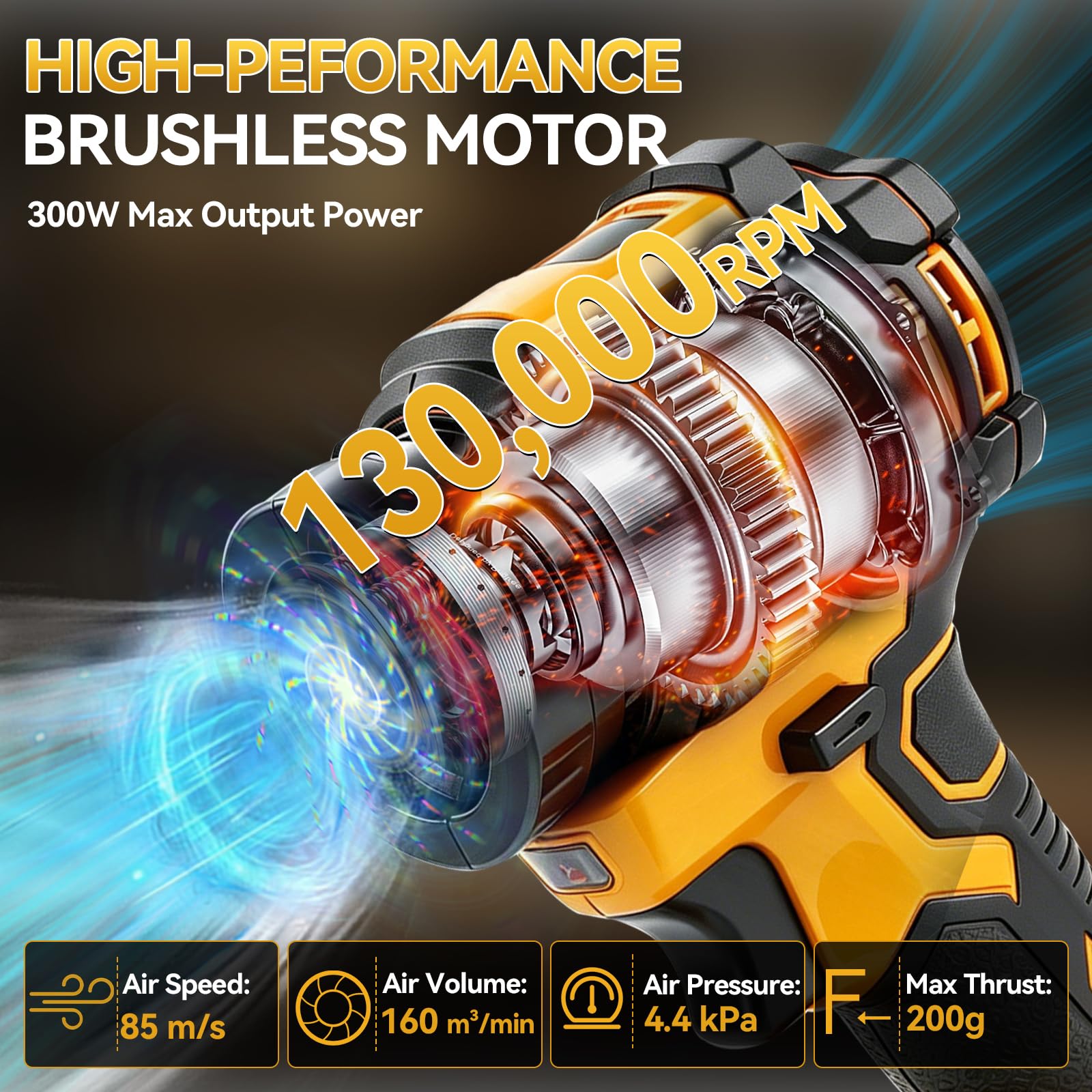 Soffiatore di foglie a batteria compatibile con DeWalt, soffiatore portatile e aspirante, ventilatore elettrico da giardino, 130.000 giri/min, 6 accessori per la cura del prato, cortile, foglie