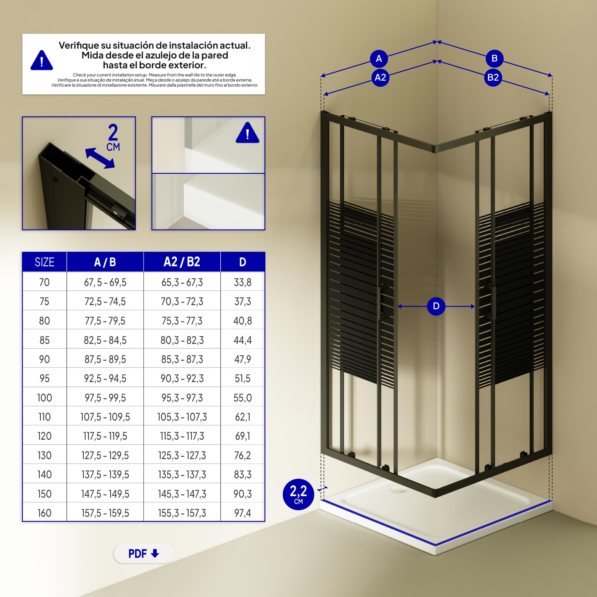Mampara de Ducha Diana 75x75x180cm | REVERSIBLE | Puertas correderas, Ajuste 72,5-74,5 x 72,5-74,5cm | Perfiles Negros, Cristal serigrafiado con líneas horizontales de 6mm