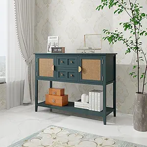 GarveeHome Rattan Entryway Table Console Table with Drawers, Accent Sofa Table Entryway Table with Cabinet Storage for Living Room, Hallway, Foyer, Kitchen, Green, 46.06" x 15.35" x 33.86"