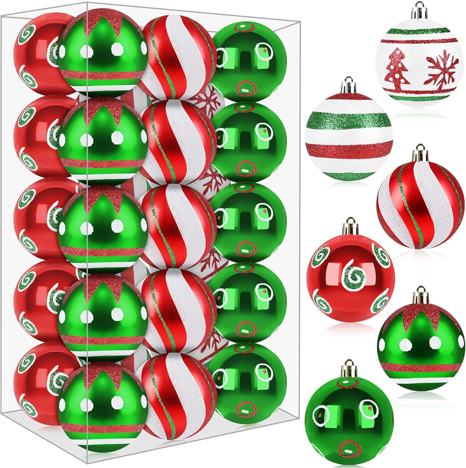 Christmas Tree Ball Ornaments, 30 Pcs 2.36 Inch Decorative Hanging Ball Bulk, Plastic Shatterproof Grinch Ornaments for Christmas Tree, Glittering Red Green White Christmas Ornaments for Xmas Tree Christmas Tree Ball Ornaments, 30 Pcs 2.36 Inch Decorative Hanging Ball Bulk, Plastic Shatterproof Grinch Ornaments for Christmas Tree, Glittering Red Green White Christmas Ornaments for Xmas Tree