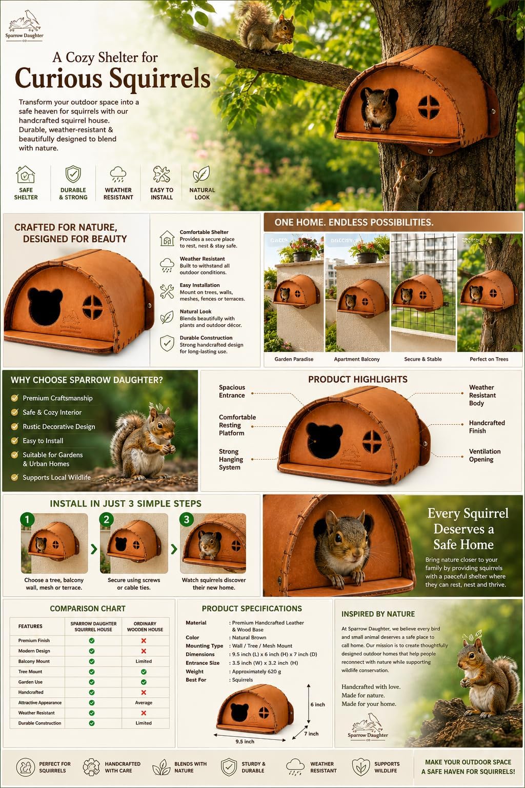 SparrowDaughter’s Leather Squirrel House for Outdoors, Garden, Backyard, Small Animals Habitat for Chinchilla, Suger Glidder,mice Squirrel with Poles, Squirrel Nest & Feeder,Natural Color 2