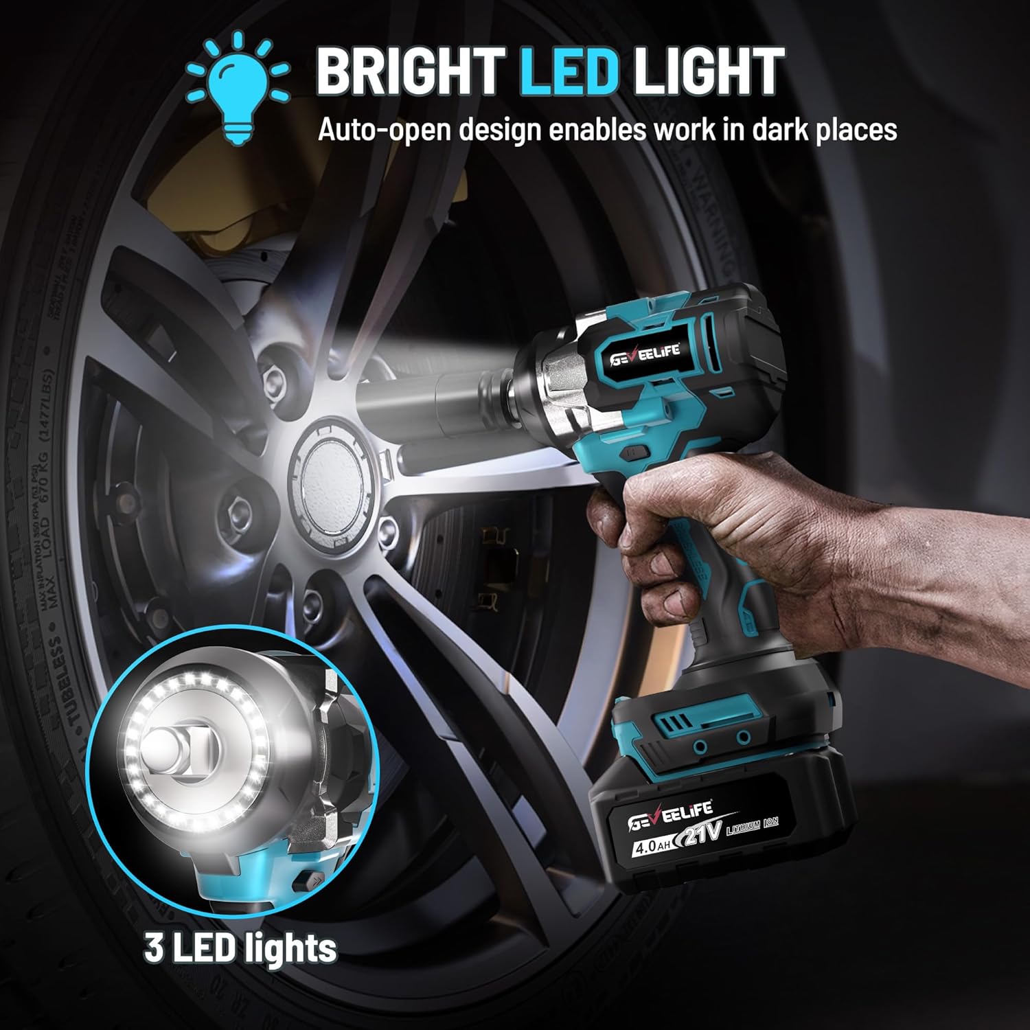 GEVEELIFE 650N.m/480Ft-lbs Brushless Impact Wrench,1/2" Cordless Impact Gun w/ 2x4.0Ah Battery & 6 Sockets, 3300RPM Power Electric Impact Driver for Car/DIY Furniture/Lawn Mower, Blue Toolbox - Image 5