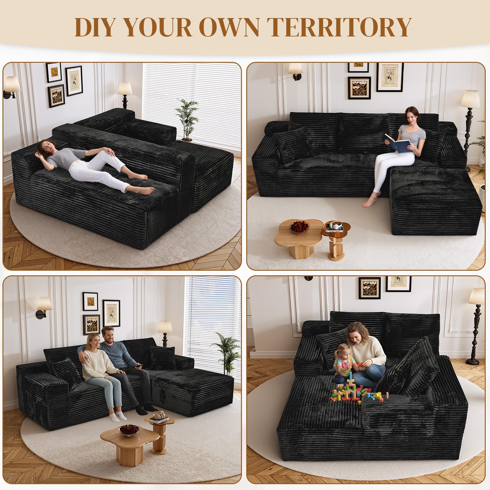 Repantes 108' L Shaped Boneless Sectional Couches for Living Room, Comfy Corduro — product photo
