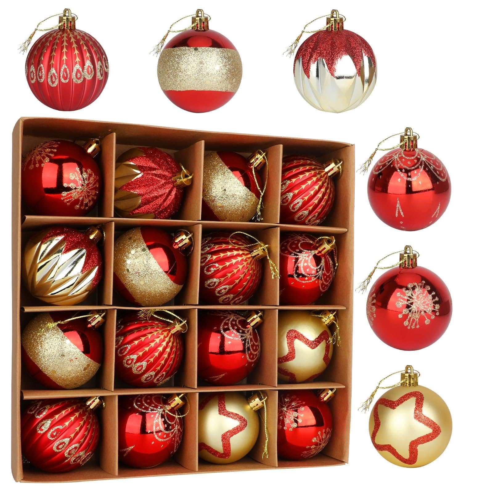 Upifen Christmas Tree Baubles, 16pcs christmas decorations baubles, 60 mm/2.36" Christmas Baubles with Strings, Shatterproof Plastic Bulbs, Hanging Decorations for Xmas Tree, Holiday, Wedding, Party