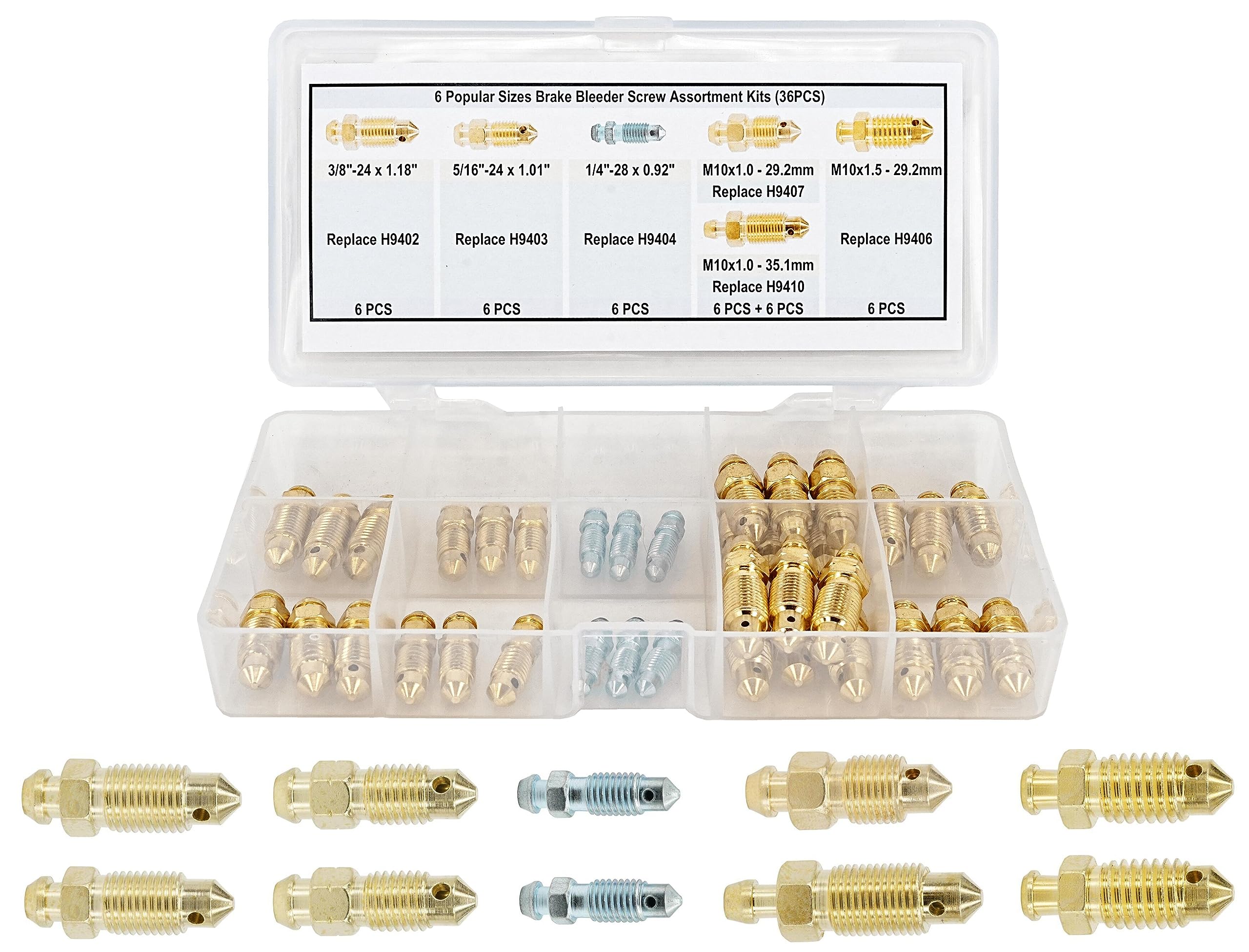 36 PCS Bleeder Valve,Brake Bleeder Screw Assortment Kit Replace H9402-6, H9403-6, H9404-6, H9406-6, H9407-6, H9410-6