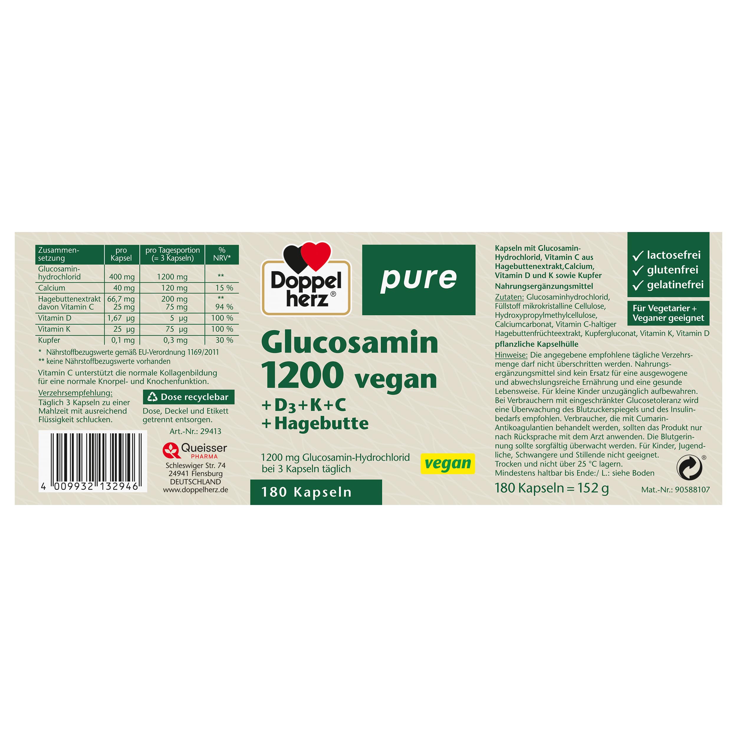 Doppelherz pure Glucosamin 1200 vegan - plus Hagebuttenextrakt, Vitamin D3 und K2, Kupfer und Calcium - 180 gelatinefreie Kapseln