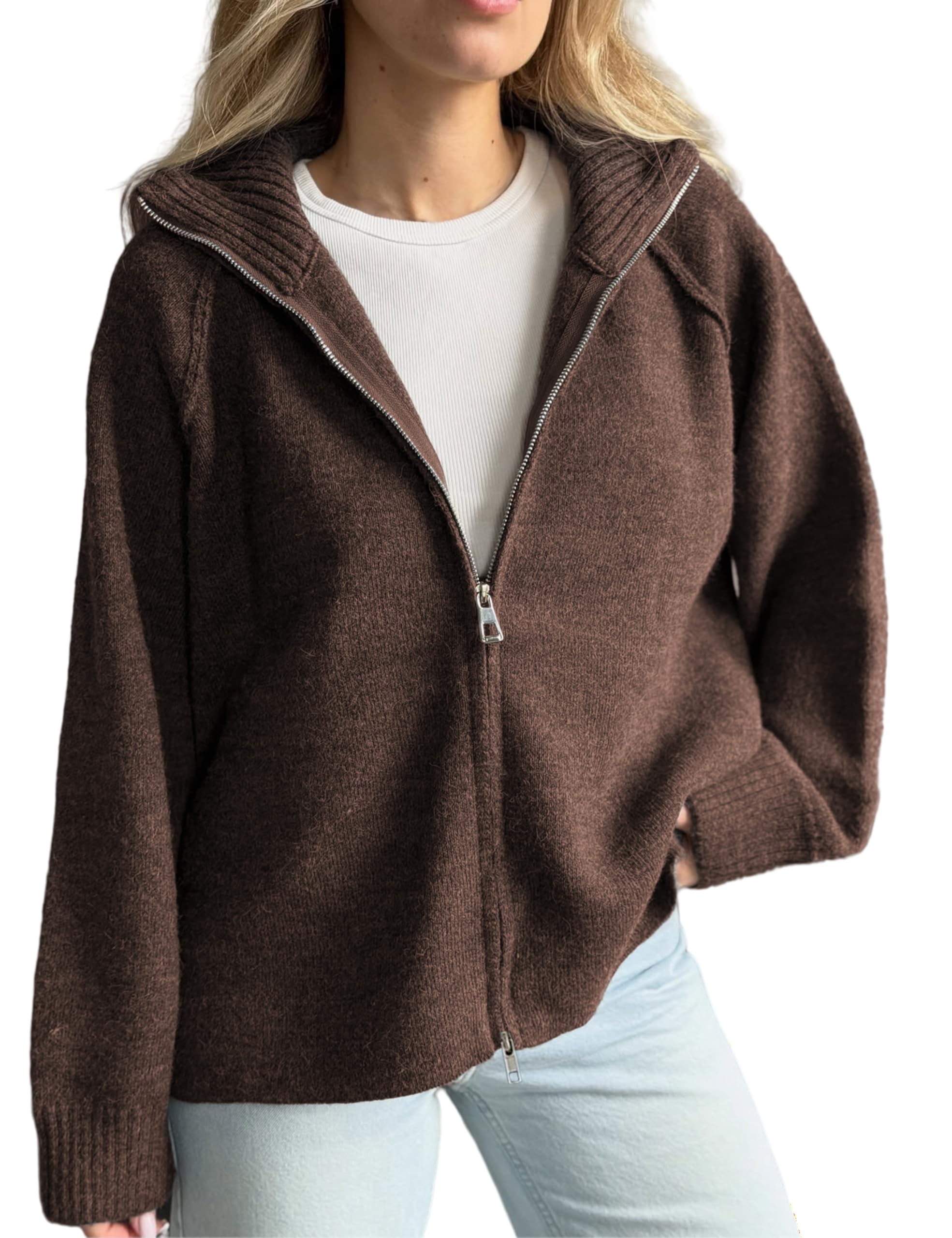 Womens Long Sleeve Collared Zipper Cardigan Fall Casual Sweater Coat Oversized Trendy Jackets Tops
