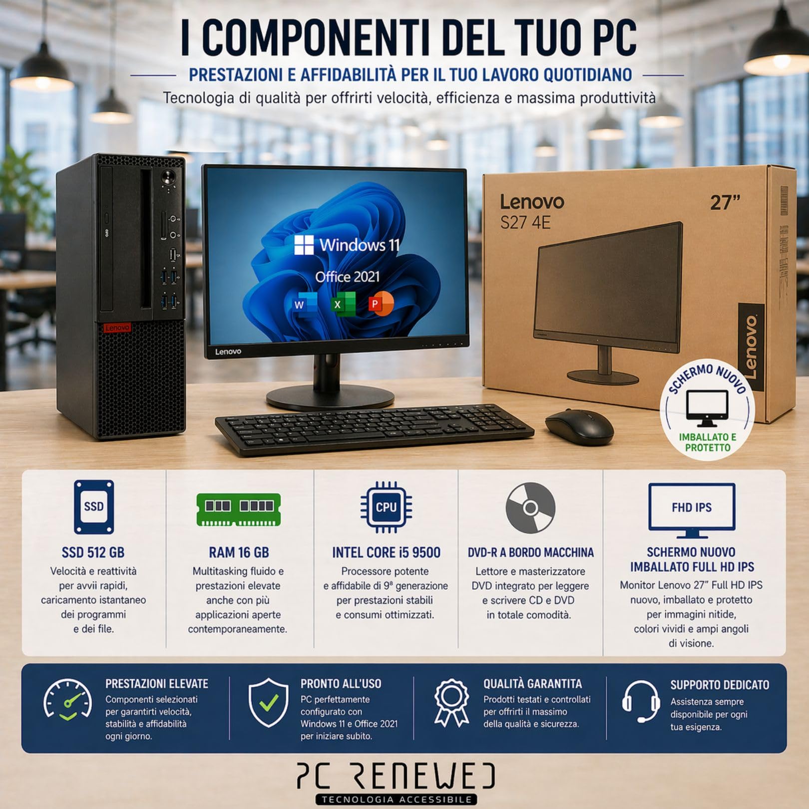 Lenovo PC Fisso Completo SFF i5-9500 16GB RAM 512GB SSD + Monitor 27" Full HD NUOVO | Windows 11 Pro + Office 2021 | WiFi | Desktop Ufficio Casa Pronto all’Uso (Ricondizionato + Nuovo) (PC+Minitor)
